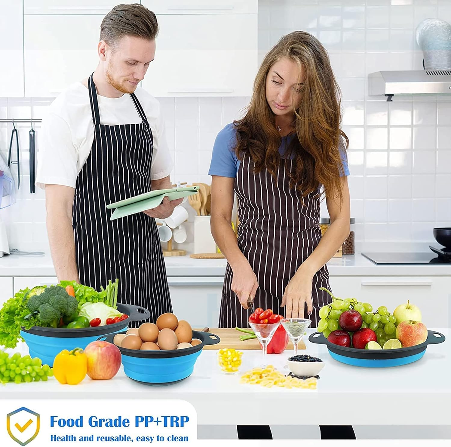 Basket Collapsible Colander Set of 2 round Silicone Kitchen Strainer Set - 1 Large 1 Small Perfect for Draining Pasta, Vegetable and Fruit(Blue) image number 4