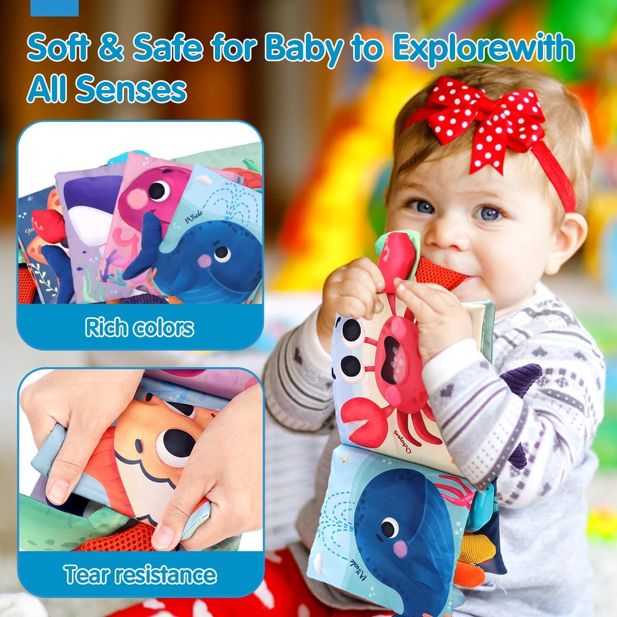 REMOKING Baby Books Toys - Touch & Feel Tummy Time Sensory Soft Books for Baby Infant 0 3 6 9 12 Months,Musical Toys with 3D Tails,Mirror,Beads,Baby Birthday,Early Learning Gifts