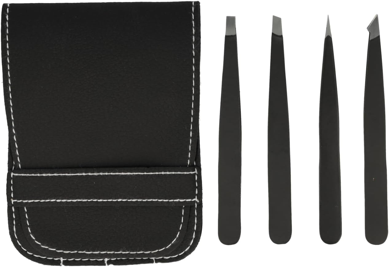 Clauss Eyebrow Set with 4 Tweezers | Four Piece Tweezer Set for Eyebrows and Eyelashes | Stainless Steel Black Finish | Includes Storage Case | BC-S10040