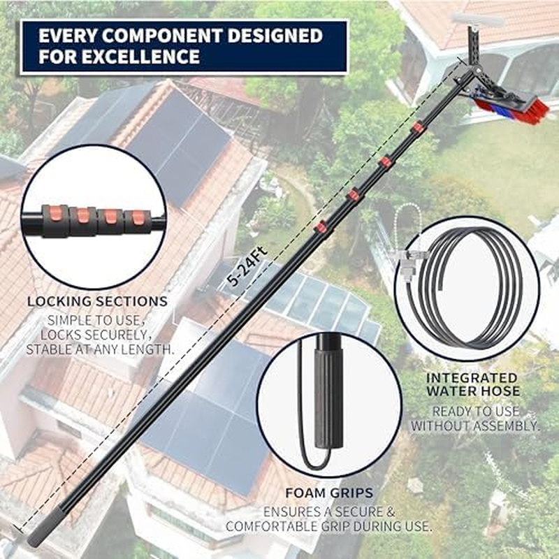 24FT Solar Panel Cleaning Brush & Squeegee Kit,Proffesional Window Washing Tool,Water Fed Pole,Roof、Window and Photovoltaic Panel Washing Cleaner Equipment Kit image number 5