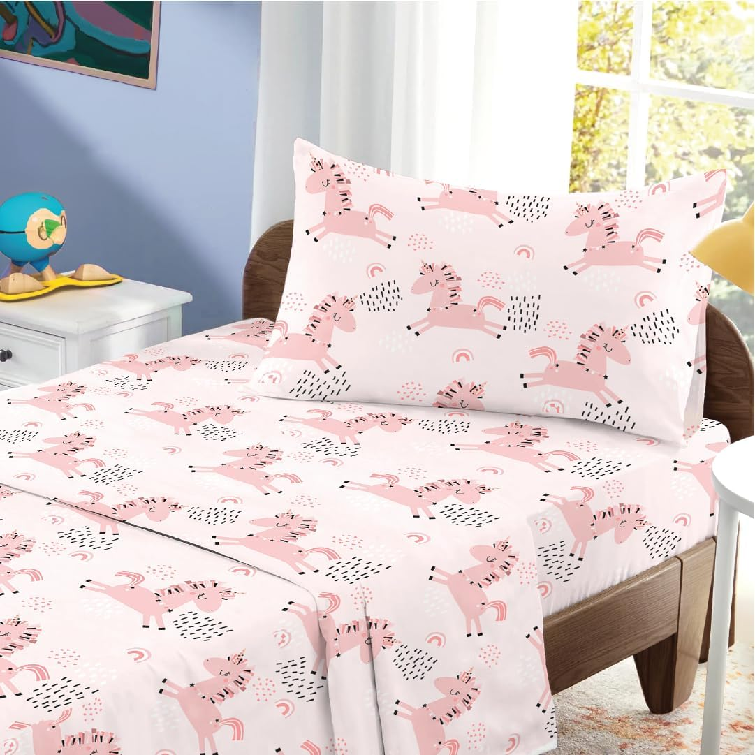 100% Cotton 210TC Salt Earth Kids Bedsheet, Twin Sheets Set for Toddler Bed, 3 Piece Bedding Set Including Flat Sheet, Fitted Sheet, and Pillowcase, Themed Cute Sheets for a Playful Kids Bed (Uni Fly) - Rainbow image number 2