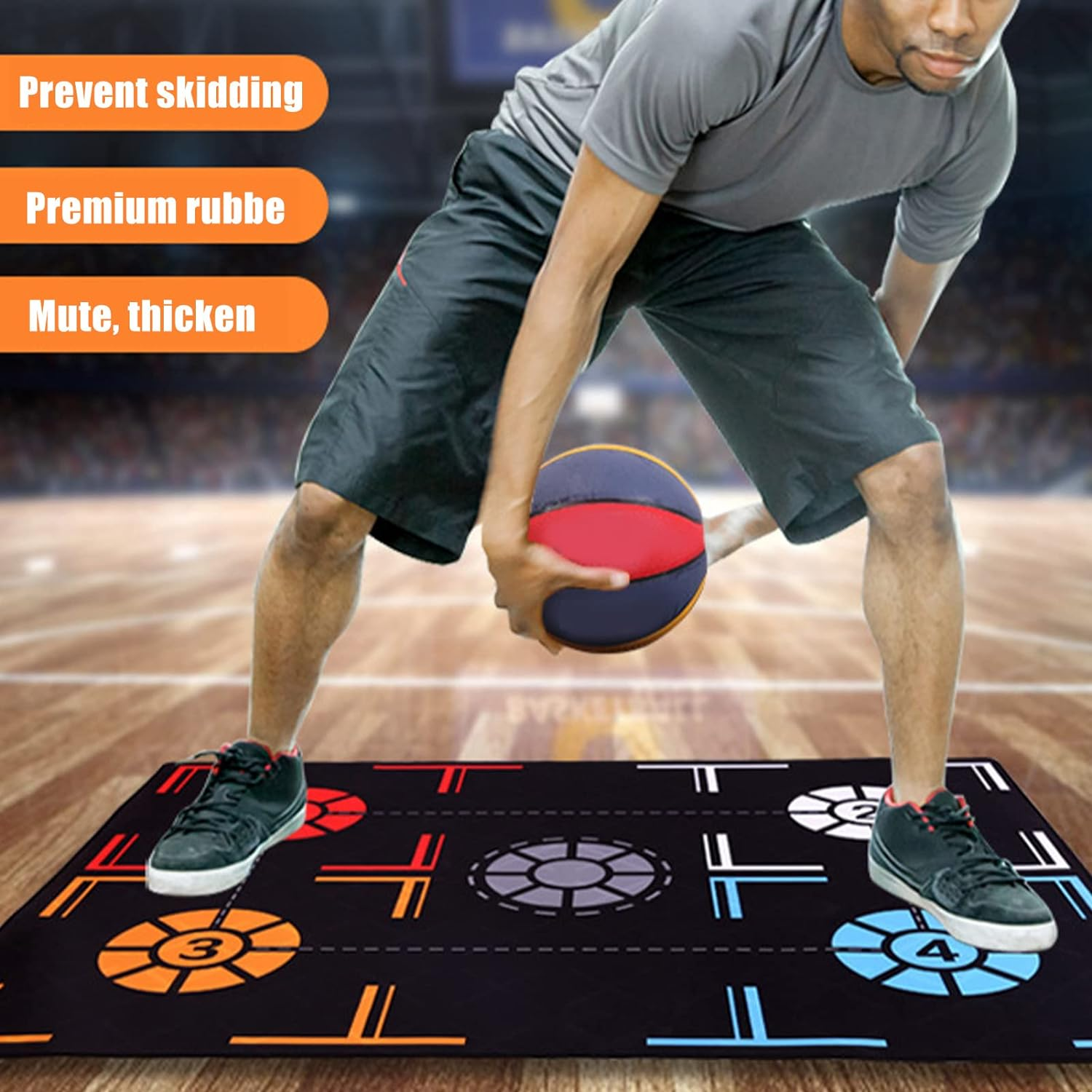 Basketball Training Mat, Footwork & Dribbling Practice Mat, Black, 67X92Cm, 2Mm Thick, Silent Non-Slip Rubber, Kids Basketball Training Mat image number 4