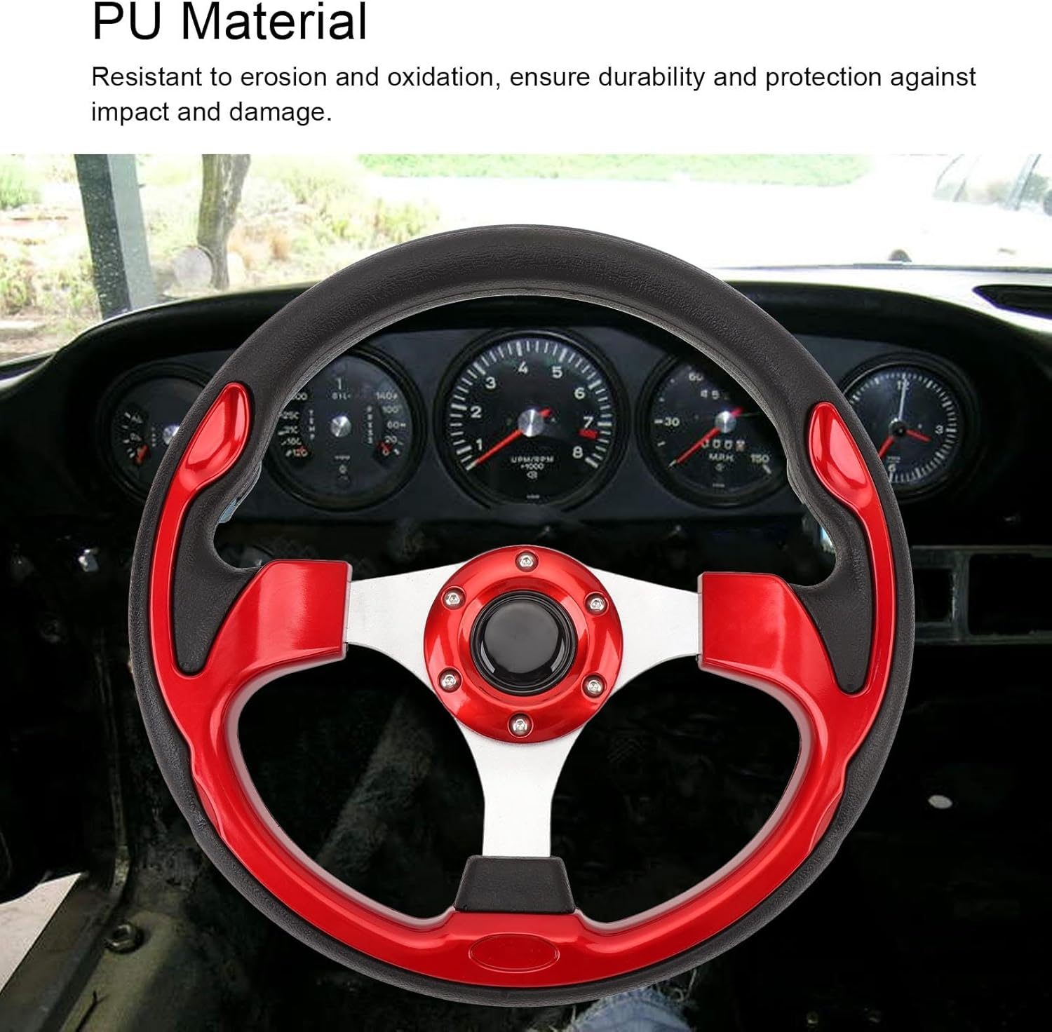 Universal Car Racing Steering Wheel, 13 Inch 6 Bolt Leather and Aluminum Car Sport Steering Wheel, 3-Spoke Steering Wheel for Most Vehicles/Racing Cars, with Horn Button (Red) - Black image number 2