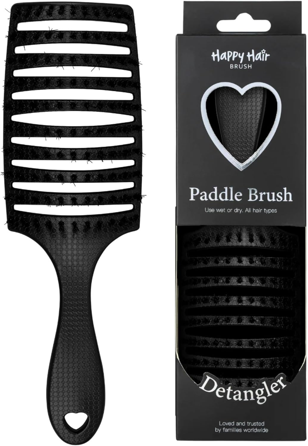 HAPPY HAIR Happy Detangler Paddle Brush with Boar Bristles & Nylon Pins | Designed by Women to Detangle & Smooth Thick, Fine or Curly Hair | Pain-Free Slick Back Brush, Ultra Lightweight (Teal) - Happy Detangler Paddle, Black