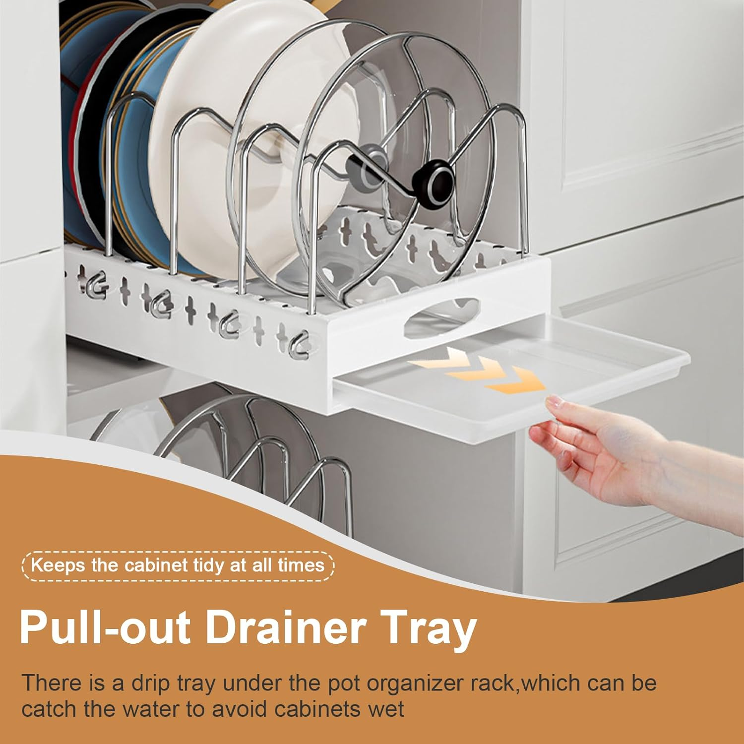 2 Pack Pots and Pans Organizer under Cabinet, Pull-Out Pots and Pans Organizer, under Cabinet Pot Lid Holder, Adhesive Sliding Type Pots and Pans Storage with 9 Adjustable Dividers (White) - White image number 6