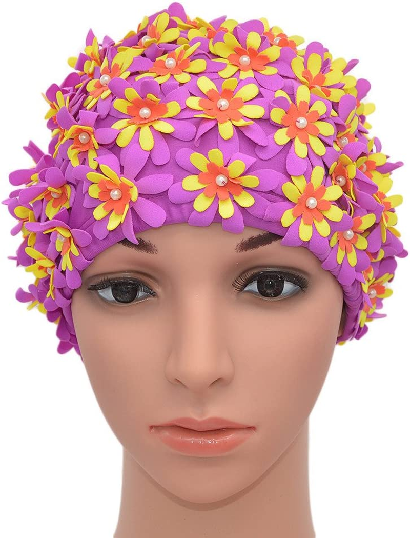Medifier Swim Cap Floral Petal Retro Style Bathing Caps for Women