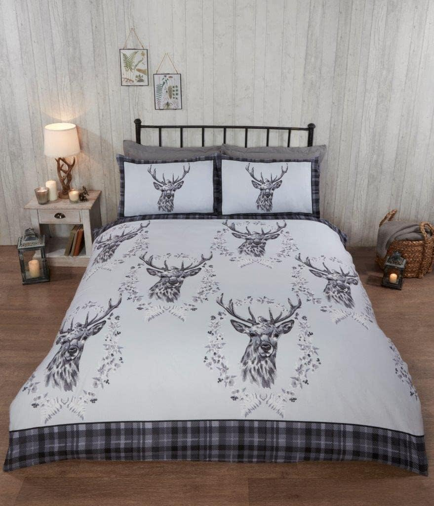 Rapport Home 100% Brushed Cotton Flannelette Angus STAG Winter Duvet Quilt Cover Bedding Set (Single, Grey)