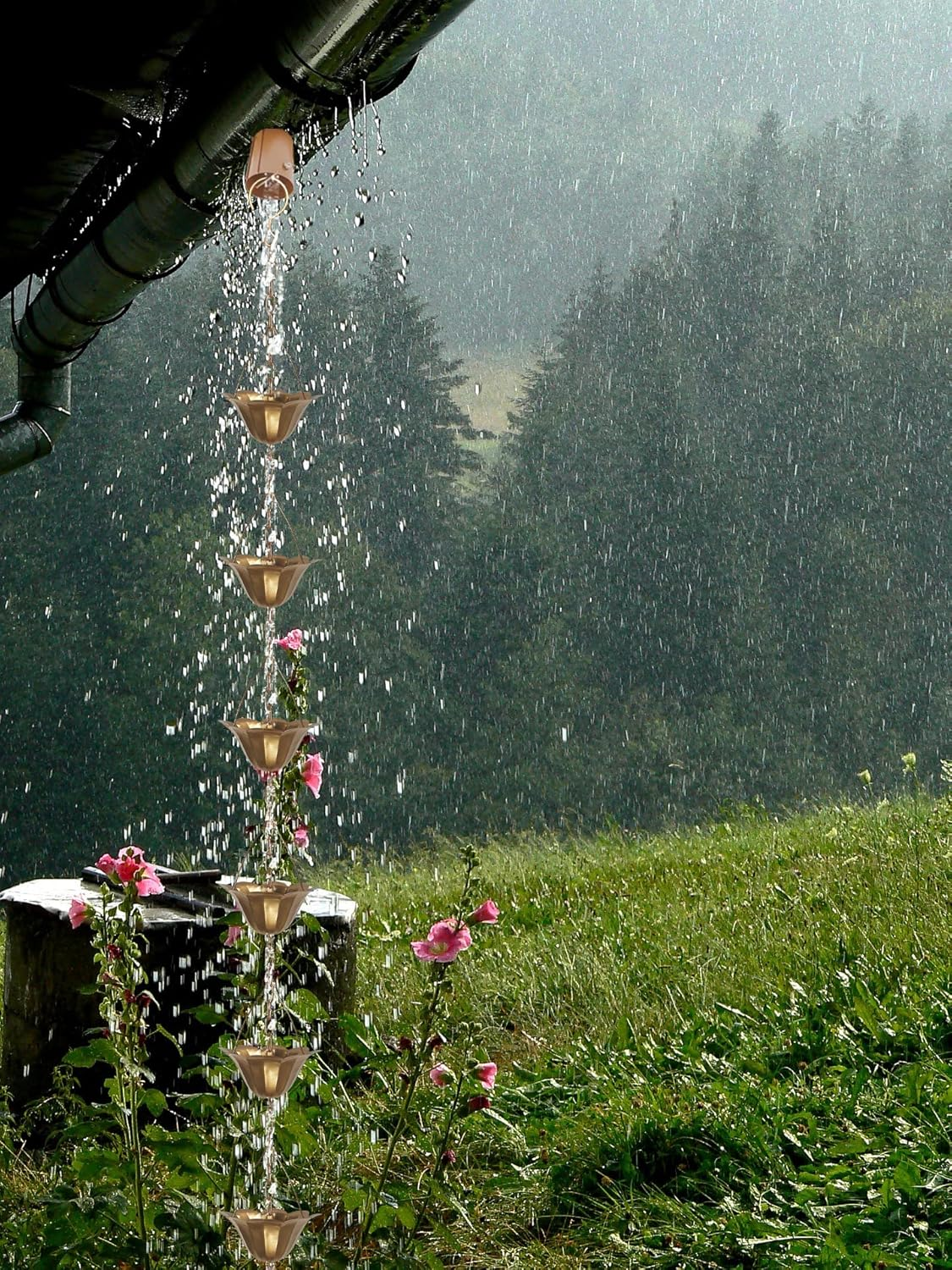 8.5FT Lotus Copper Colored Iron Rain Chains for Gutter and Rain Barrel, Rust-Resistant Plated Garden D&eacute;cor Rain Chain for Downspout, Bonus Rain Chain Gutter Adapter - Antique Bronze image number 7