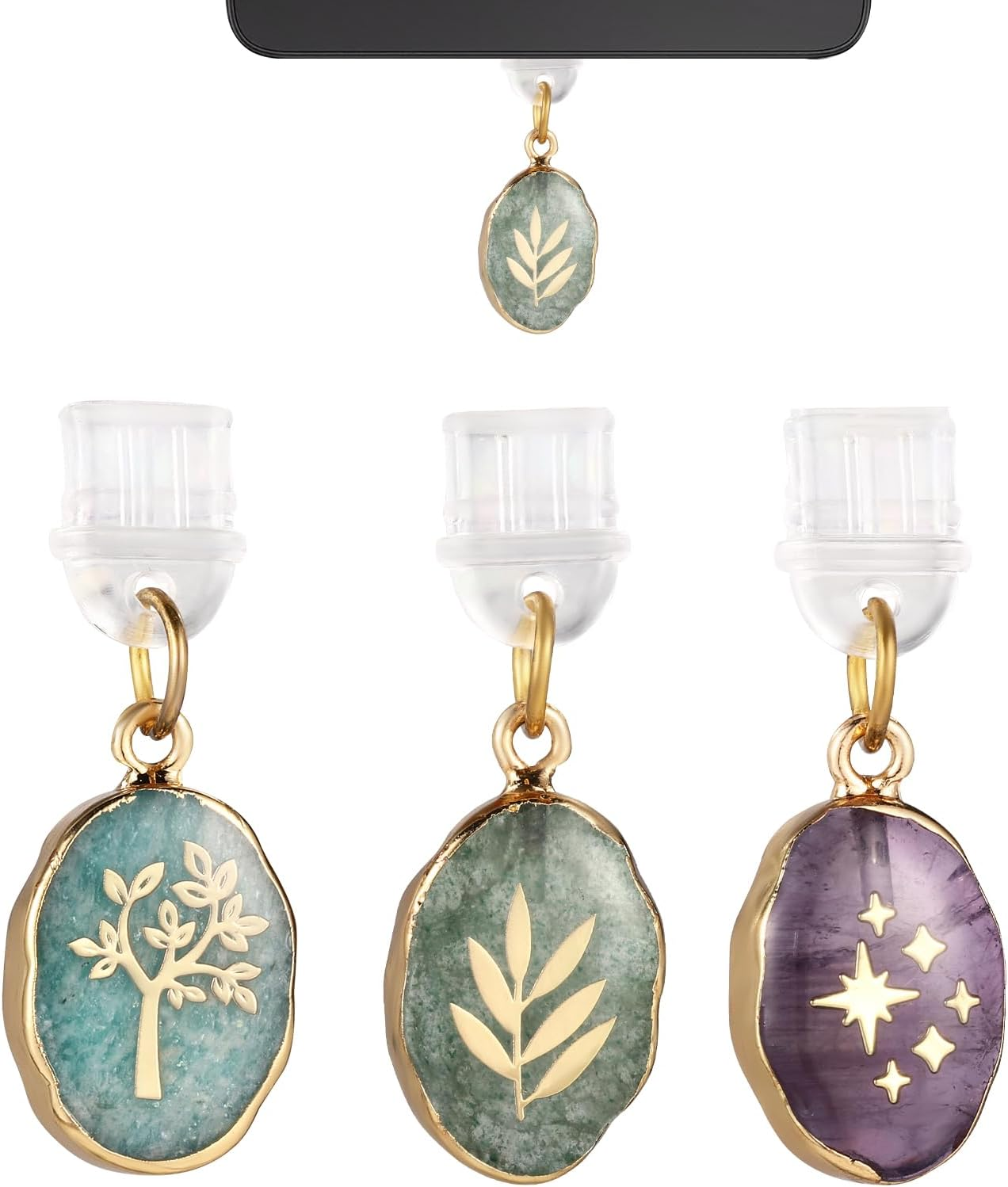 3Pcs Dust Plug Charms, 1.42X0.51In Colorful Delicate USB C Dust Plug Charm with Leaf Tree Design for Kindle E-Reader Smart Phone (Fossil Style)