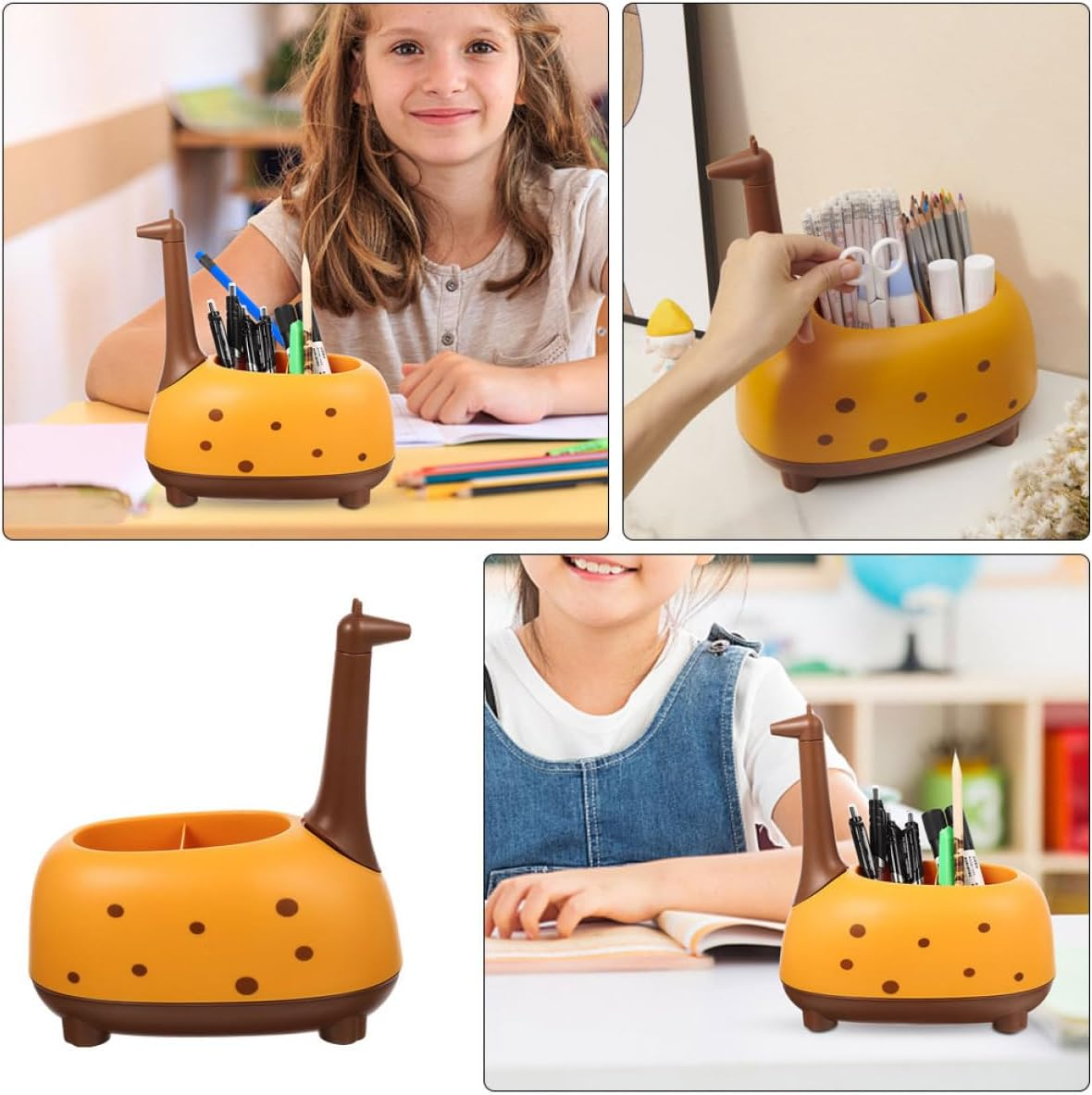 HYTROVE Cartoon Giraffe Pen Holder Desk Organizer Multiple Compartments for Classroom and Office Supplies Cute Storage for Pens and Stationery Adorable Kawaii Decor image number 5