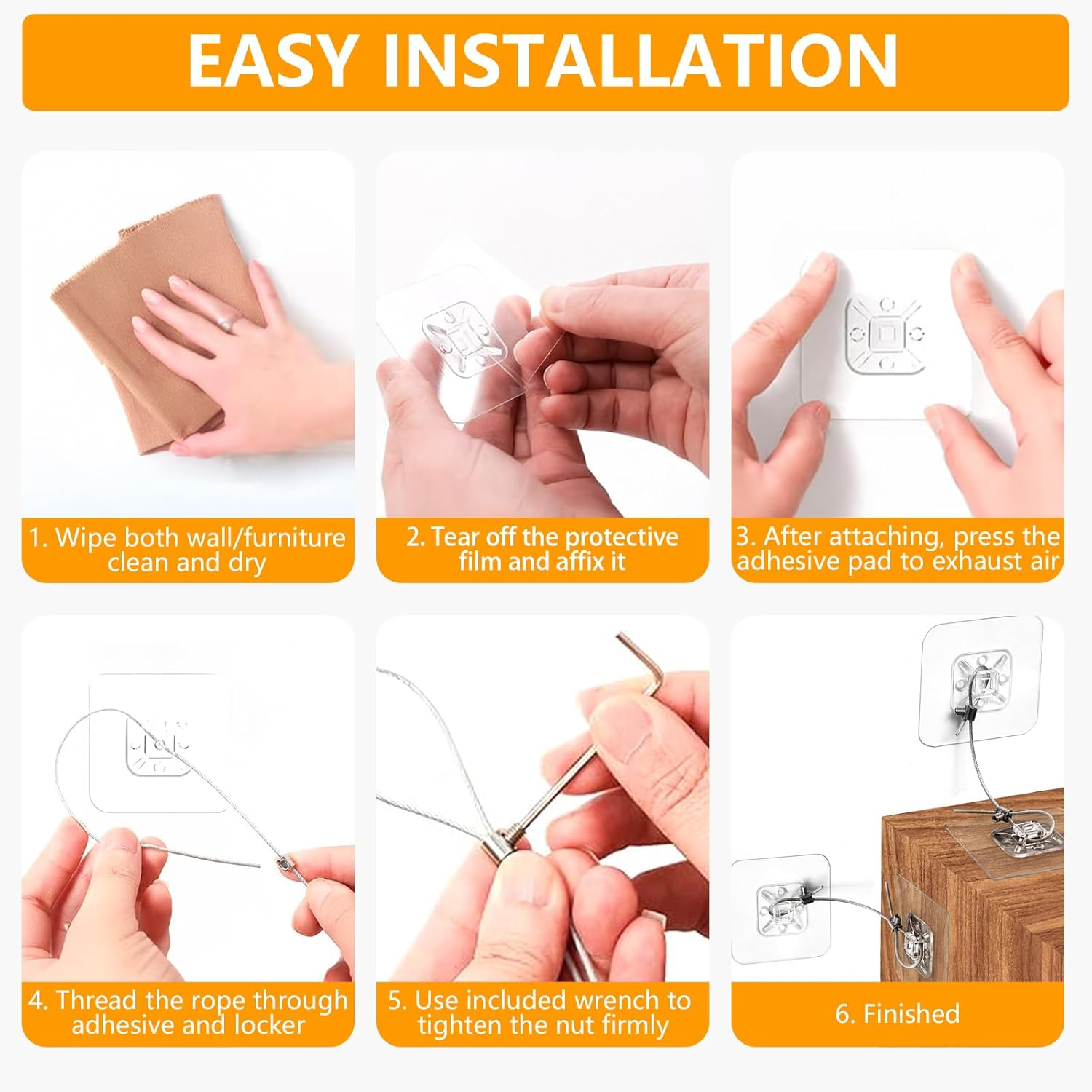 No Drill Metal Furniture Anchors (10 Packs) for Baby Proofing, 14" Adhesive Anti-Tip Furniture Wall Safety Straps for Child, Keep Toddlers & Pets Safe from Falling Furniture like Dresser & Bookshelf image number 3