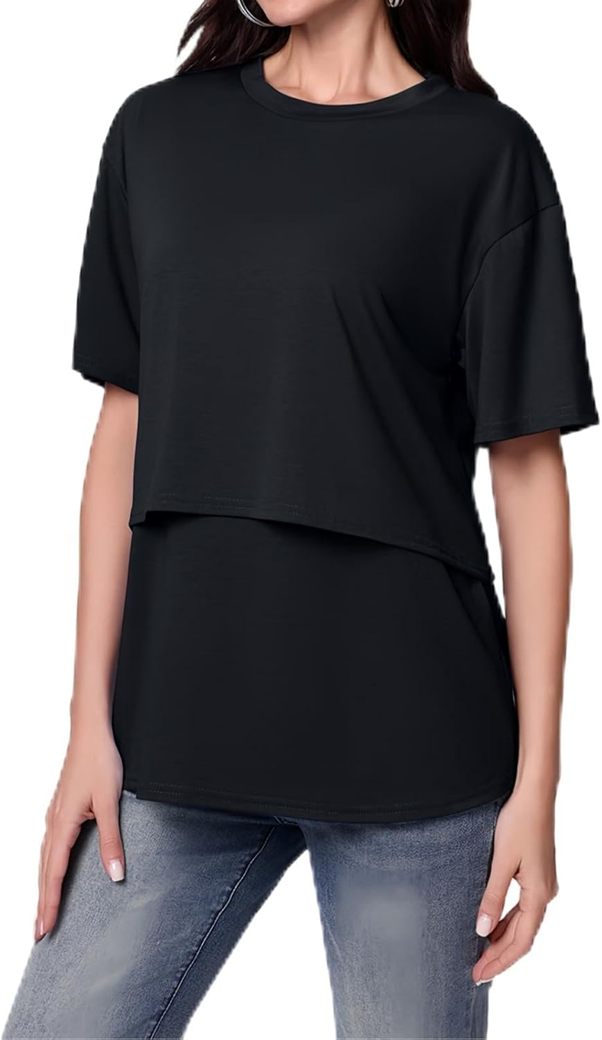 Maternity Tops Short Sleeve Nursing T-Shirt Lift-Up Breastfeeding T Shirts Plain round Neck Basic Nursing Top Loose Fit Pregnancy Clothes