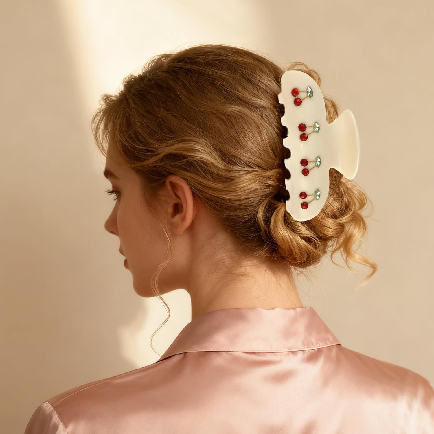 Set of 2 Hair Clips for Women, Hair Clip with Cherry, Hair Clips for Women, Acrylic Hair Clips Design with Rhinestones and Leaf Motifs for Medium Thick Medium Hair image number 4