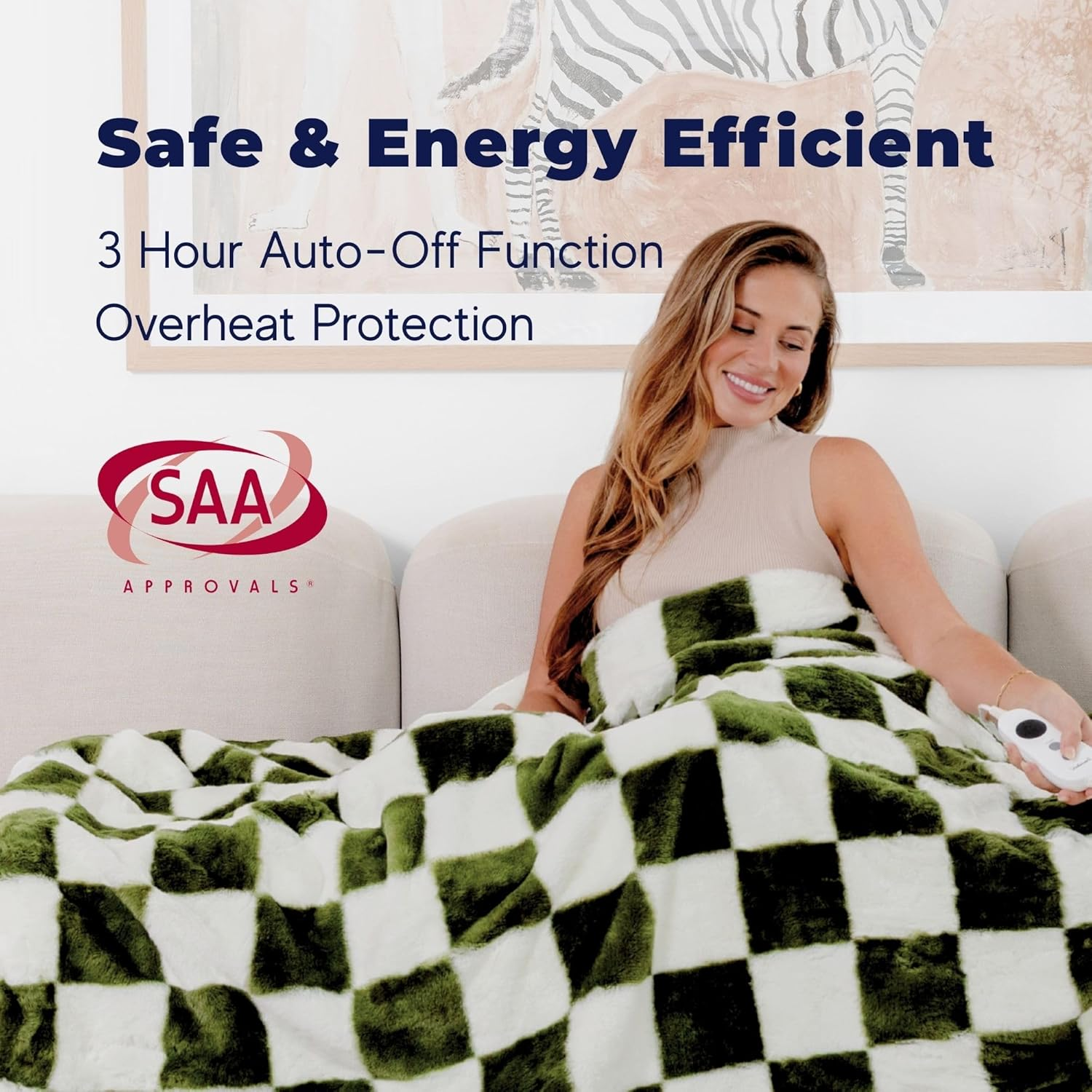 Dreamaker Checkered Plush Fleece Electric Heated Throw Blanket 200X180Cm Warm Sherpa Fleece Reversible Rug Energy Efficient Overheat Protection 9 Heat Setting Extra Long Cord Controller- Olive & Cream image number 7