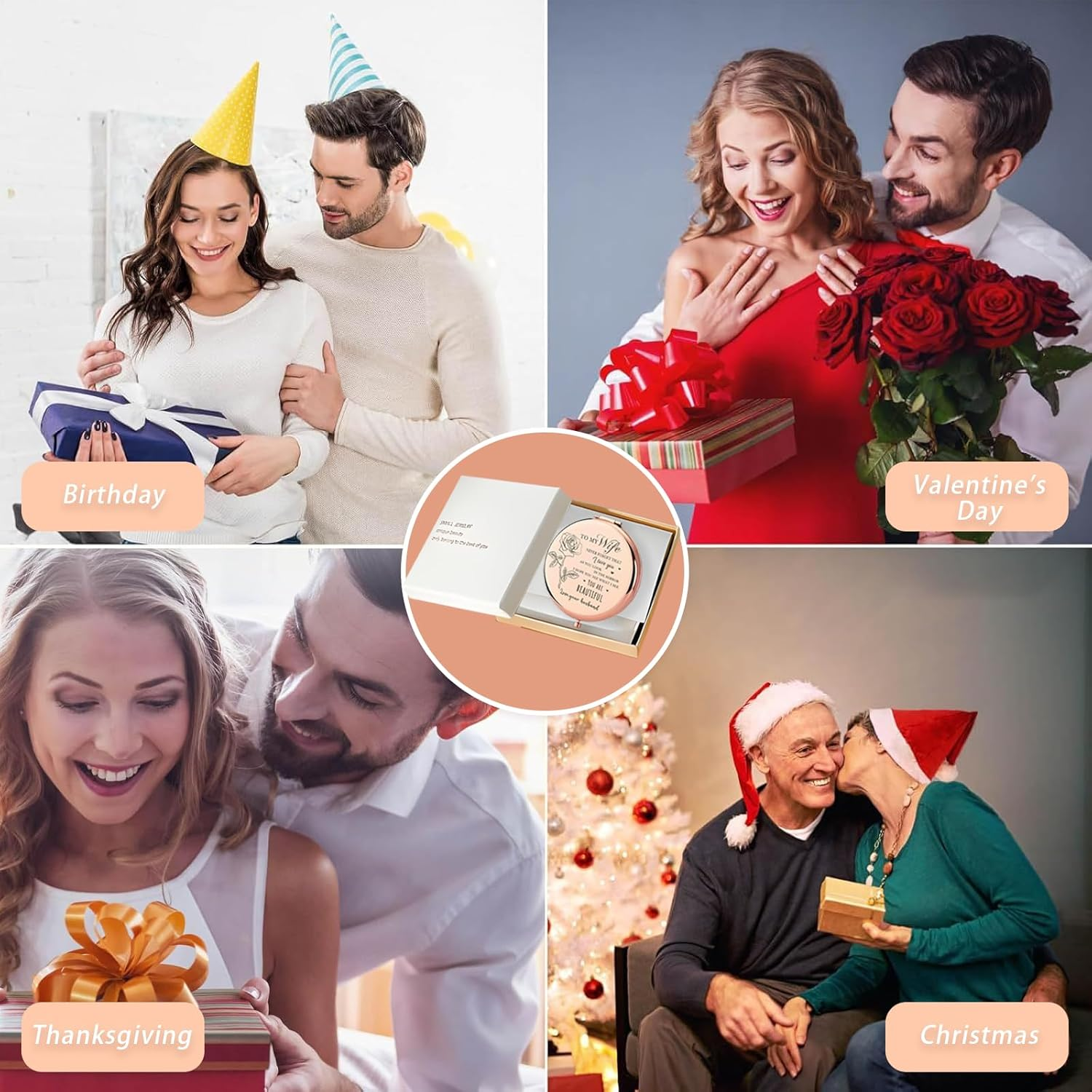 Checkzed Souvenir for Wife - Gold Compact Mirror, Romantic Souvenir for Your Lover, Birthday, Valentines Day, Mothers Day, Travel Makeup Mirror, Unique Souvenirw for Her (For Wife) image number 2