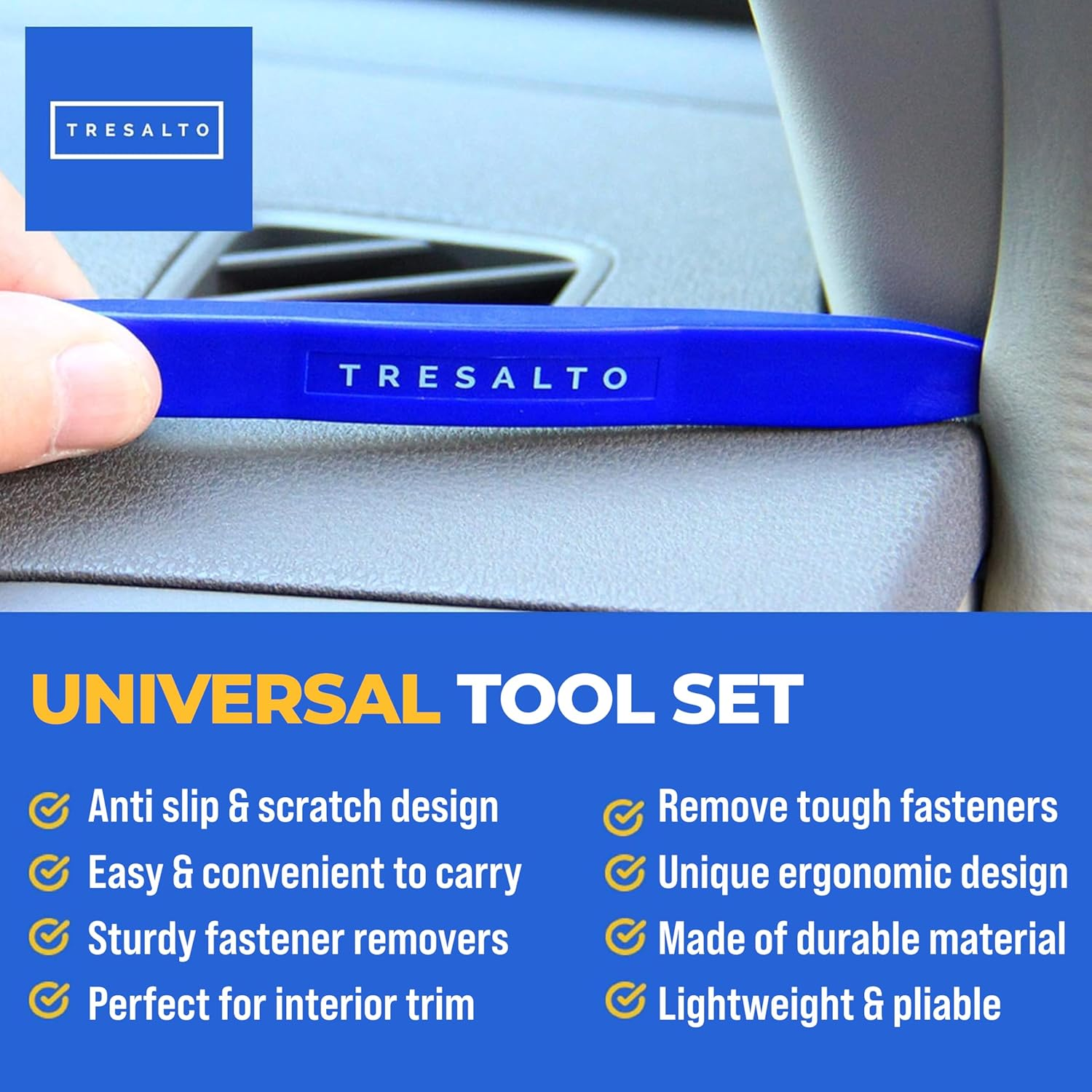 Tresalto Auto Trim Removal Tool Set (No Scratch Plastic Pry Tool Kit) Auto Trim Tool Kit Car Tools, Door Panel Removal Tool, Fasteners, Car Clips, Push Rivets, Molding, Dashboards, Interior Trim Tools image number 1