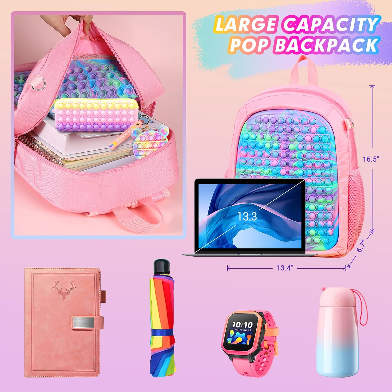 Large Pop Fidget Backpack for Girls, Pop It Bags&Pop It Notebook and Pencil Case for Kids' Fidget School Supplies for Elementary Student Stress Relief, Great Birthday Present Gift for Kids, Pink