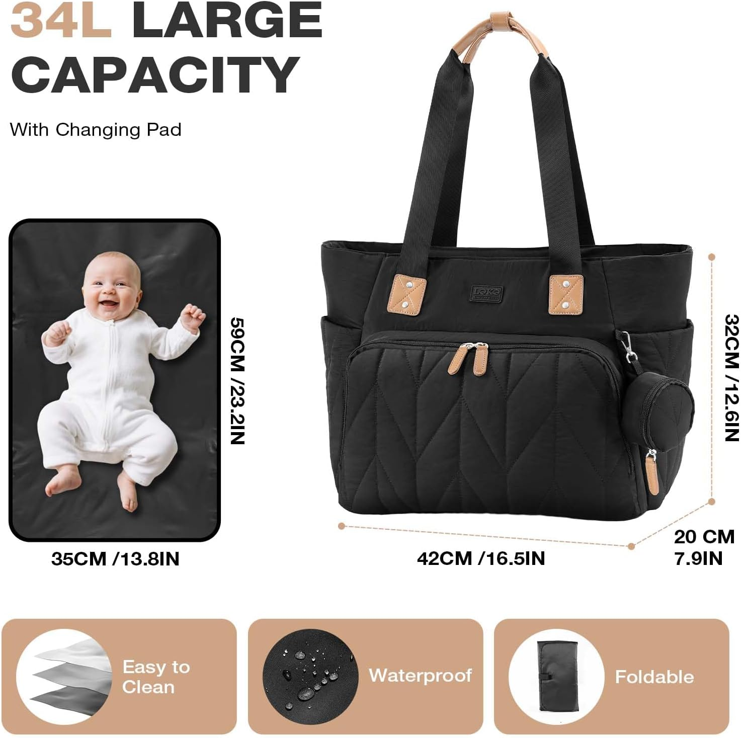 Lekesky Changing Bag with Dummy Bag and Changing Mat, Large Travel Nappy Bag for Mum and Dad, Multifunctional Baby Bag for Boys and Girls - Black image number 4