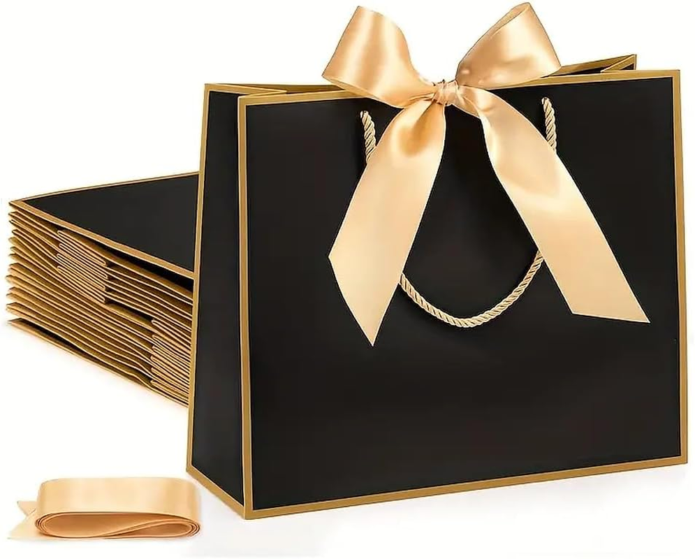 Gift Bags with Handles - Large Black 12 Pack, Wedding & Bags with Gold Ribbon, Elegant Paper Party Bags for Luxury Gift Packaging Bulk, Australia image number 2