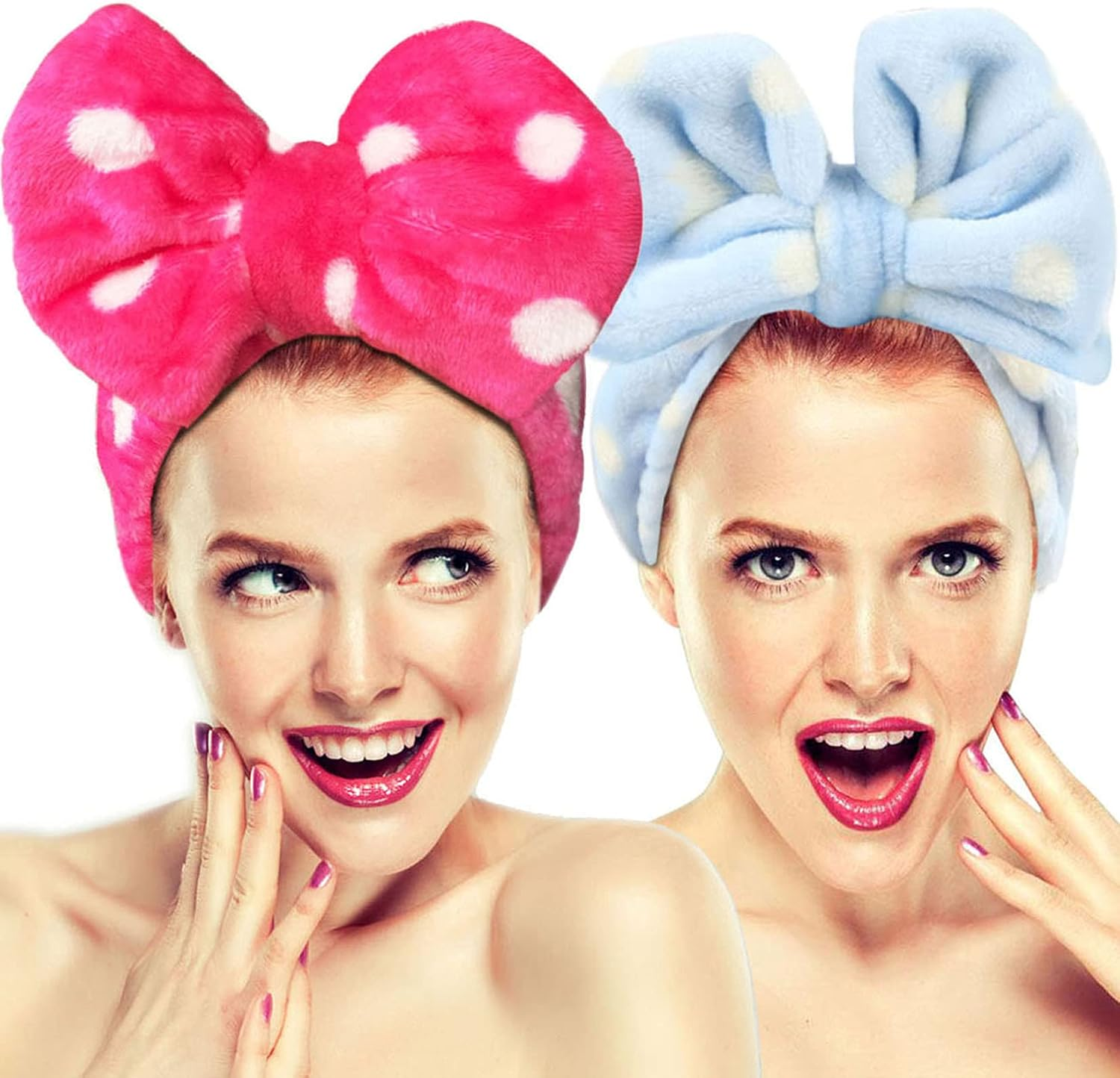 Hairizone 2 Pack Makeup Headbands for Washing Face Shower Spa, Soft and Cute Big Bow Hair Bands for Women and Girls (Light Blue/Roseo)