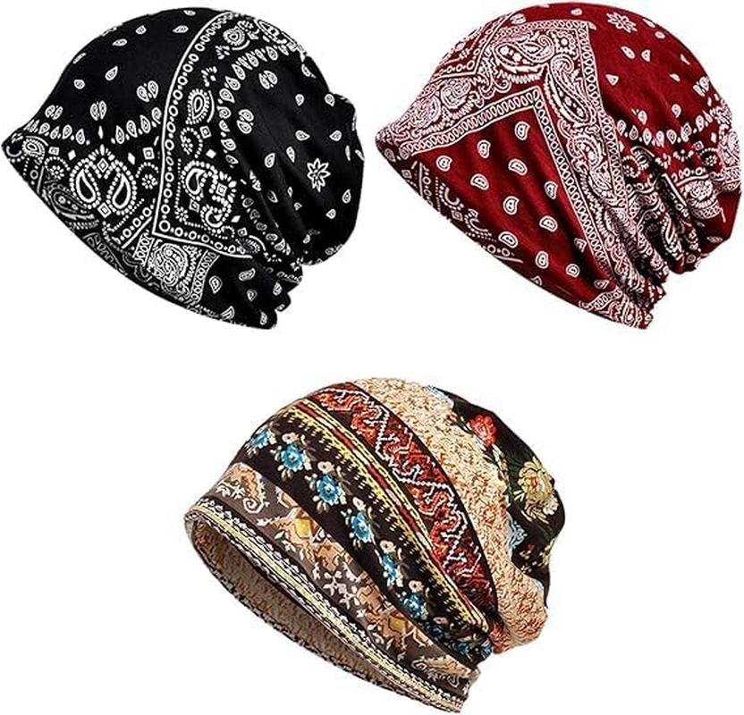3 PCS Women'S Summer Beanie for Men Hat Boho Hats Adult Dwarf Hats, Baggy Slouchy Beanie Chemo Hat Cap Slouchy Snood Hat Cancer Headwear image number 5