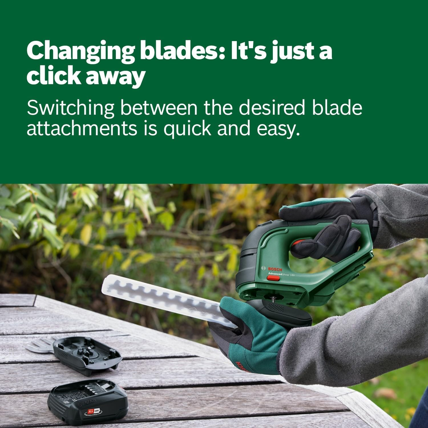Bosch Home & Garden 18V Cordless Shrub & Grass Shear Kit without Battery, 1 X Grass Blade, 1 X Shrub Blade, Cuts up to 85 M&sup2; per Battery Charge (Advancedshear 18V-10). Made in Europe image number 2
