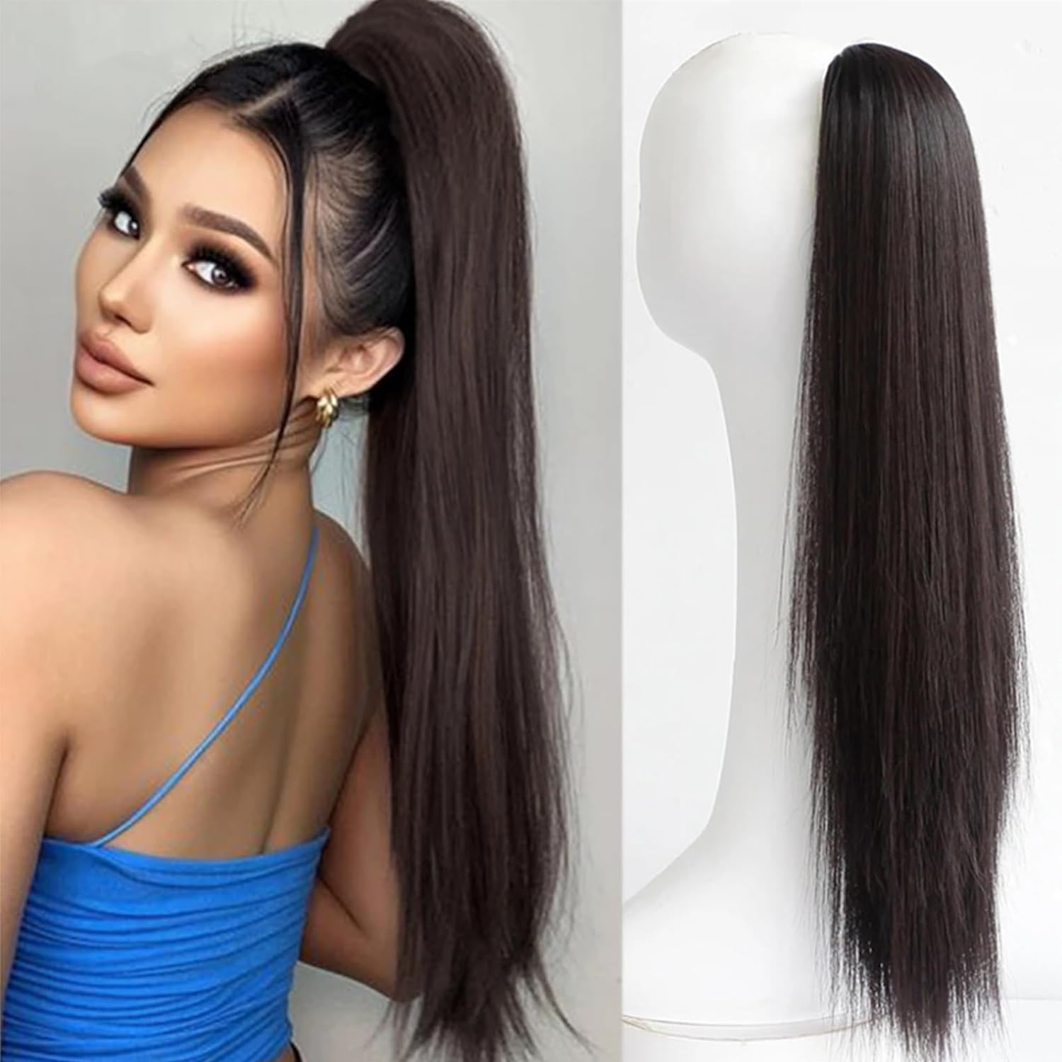 20 Inches Strap Ponytail Wig,Long Straight Fake Pony Tail Natural Fake Ponytails Piece (Dark Brown) image number 4