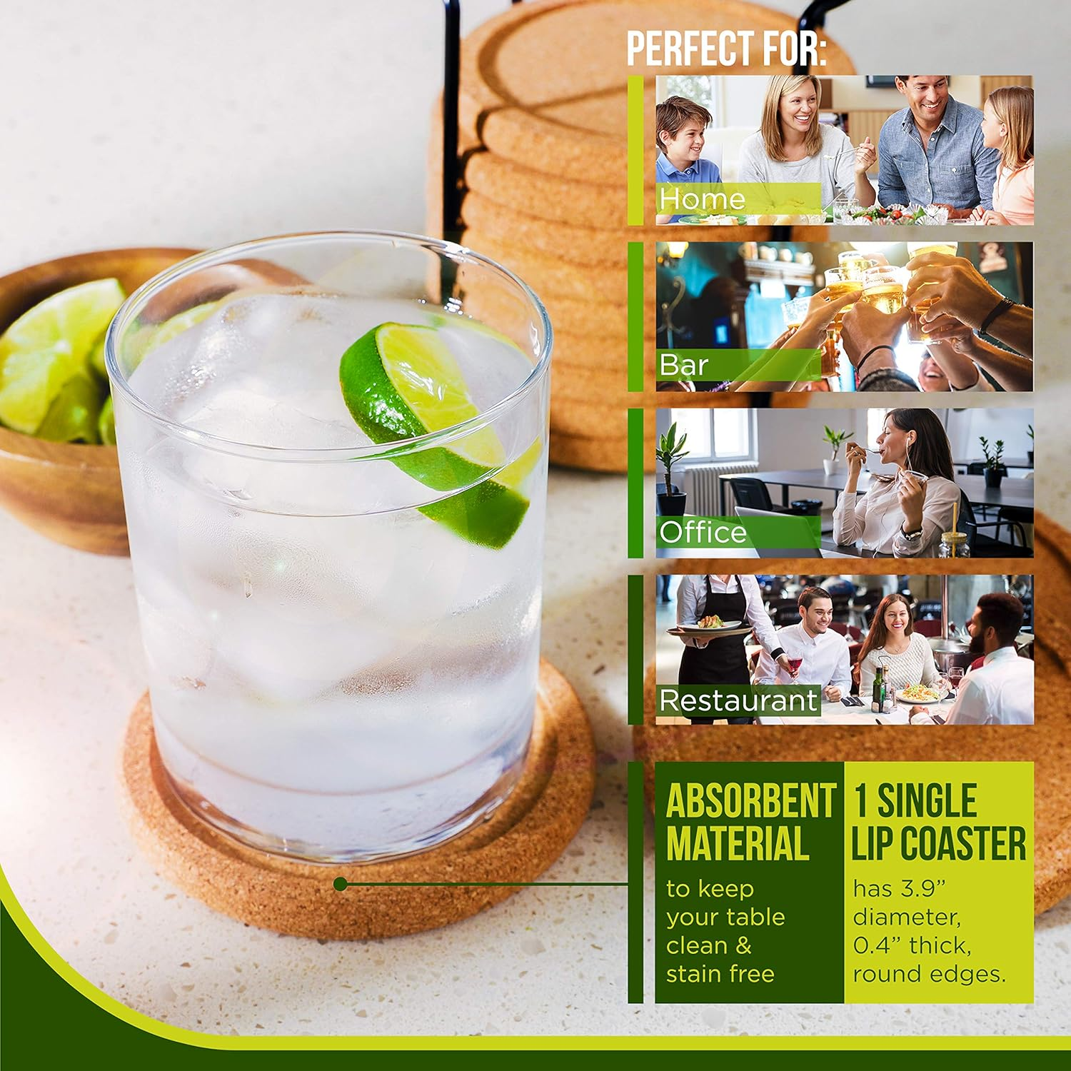 Cork Coasters with Lip for Drinks Absorbent | 12 Set 4 Inch Thick Rustic Saucer with Metal Holder Heat & Water Resistant | Best Reusable Natural round Coasters for Bar Glass Cup Table image number 3