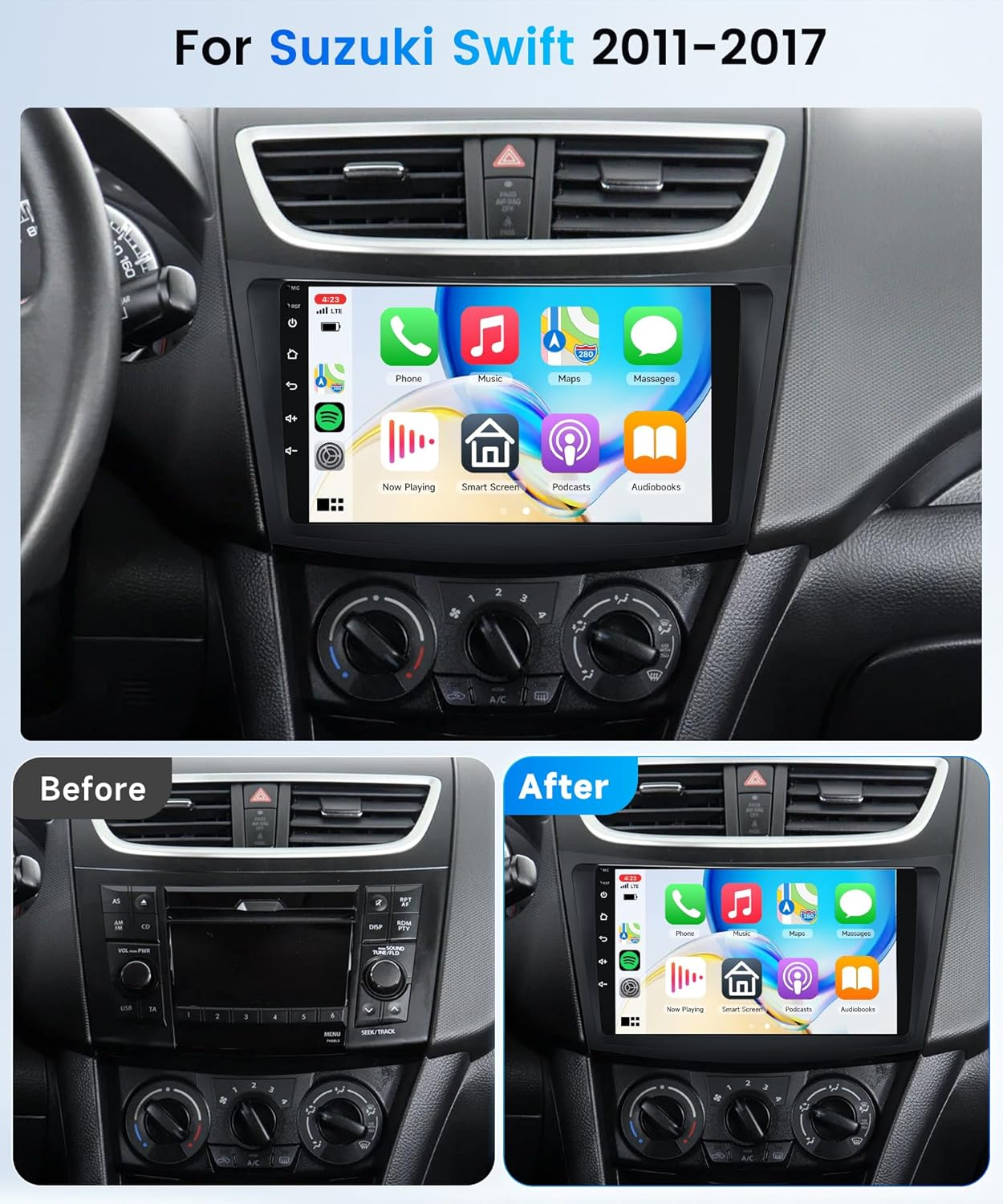 4+64G Android Car Radio Stereo for Suzuki Swift 2011-2017 with Wireless Carplay Android Auto, 9&rsquo;&rsquo; Touch Screen Head Unit with Bluetooth GPS Navigation Mirror Link Wifi FM/RDS DSP Backup Camera SWC image number 3