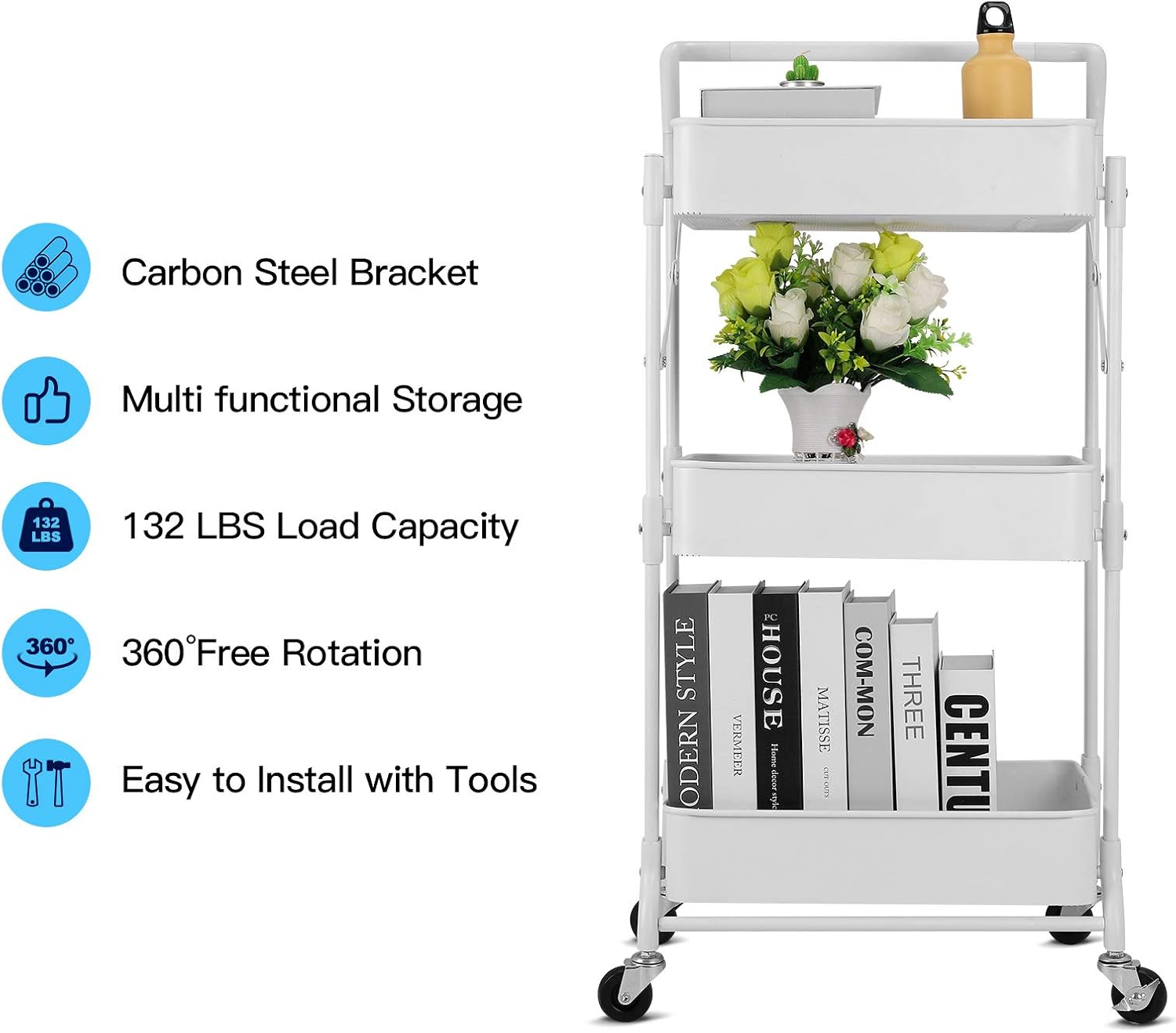 Johgee Foldable 3 Tier Metal Utility Rolling Cart, Folding Mobile Multi-Function Storage Trolley Organizer Cart for Home Library Office(White)