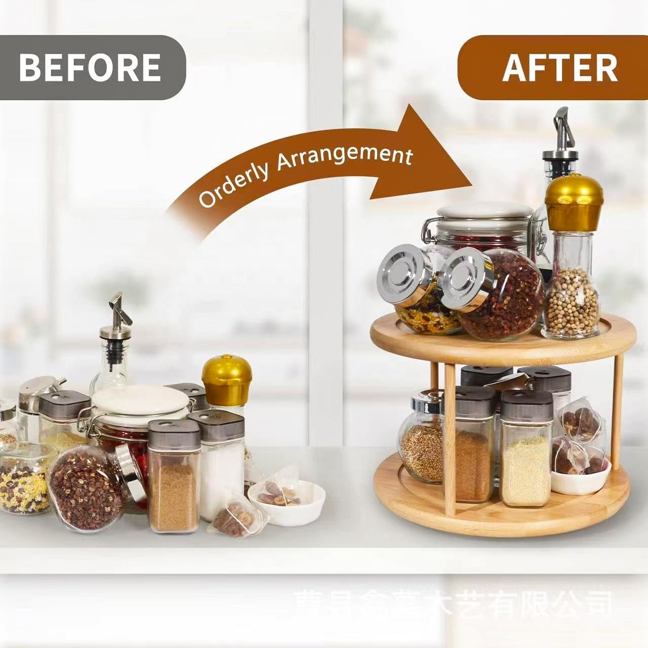Bamboo Turntable Spice Rack 2-Tier 360 Degree Rotating Rack Organizer, Bamboo Lazy Susan, Kitchen Spinning Tray for Spices, Condiments, Kitchen, Cabinet, Pantry