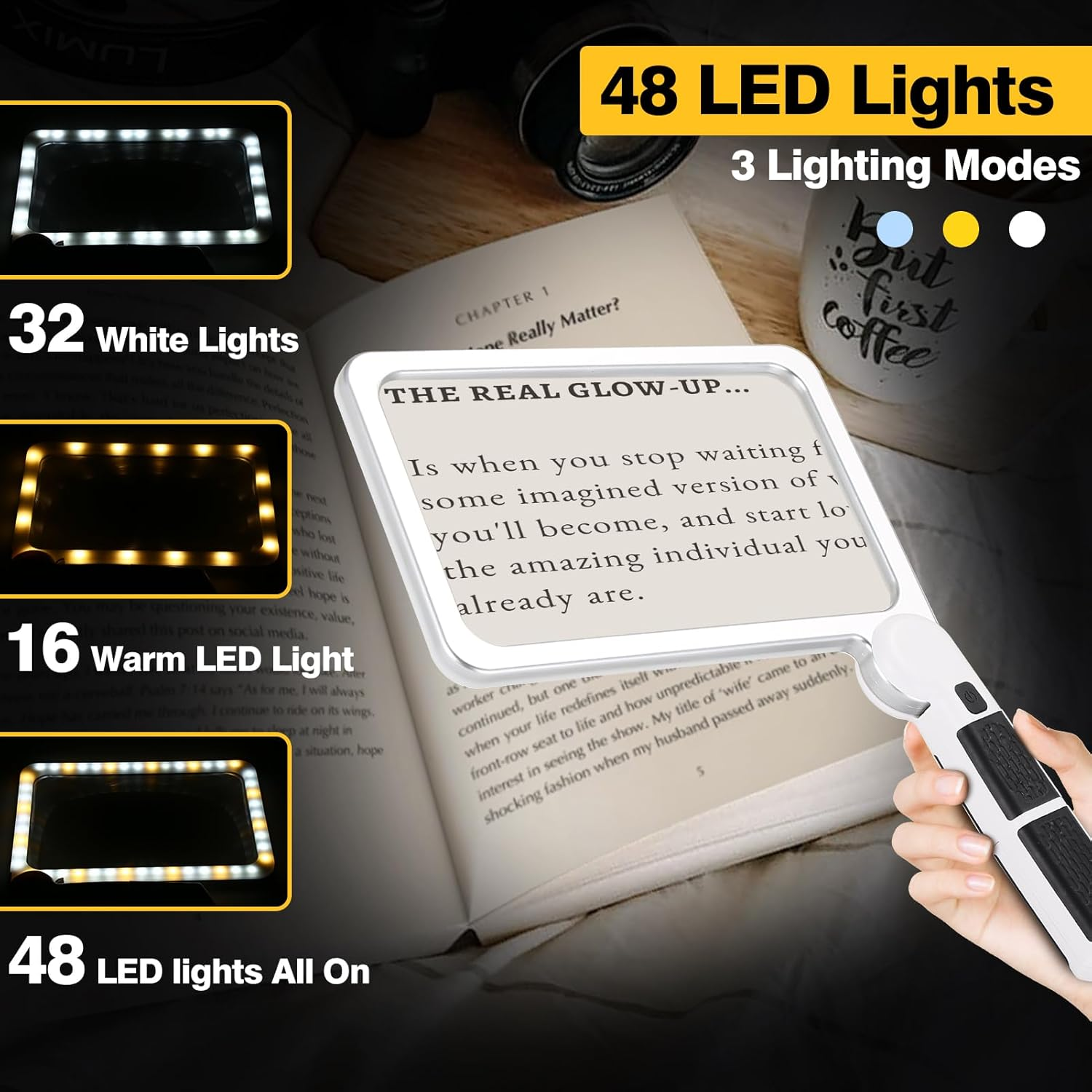 SZMDLX 5X Large Reading Magnifier, Folding Handheld Magnifying Glass with Light 48LED Cold & Warm Light with 3 Modes for Seniors Low Visions Newspaper Books Small Print, Rectangle Lighted Magnifier image number 3