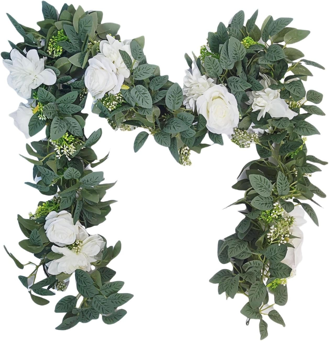 Artificial Flower Garland for Wedding Decor, 2 Packs Silk Artificial Green Hanging Vines with White Flowers for Home Wedding Bridal Shower Indoor Outdoor Garden Party Decorations image number 1