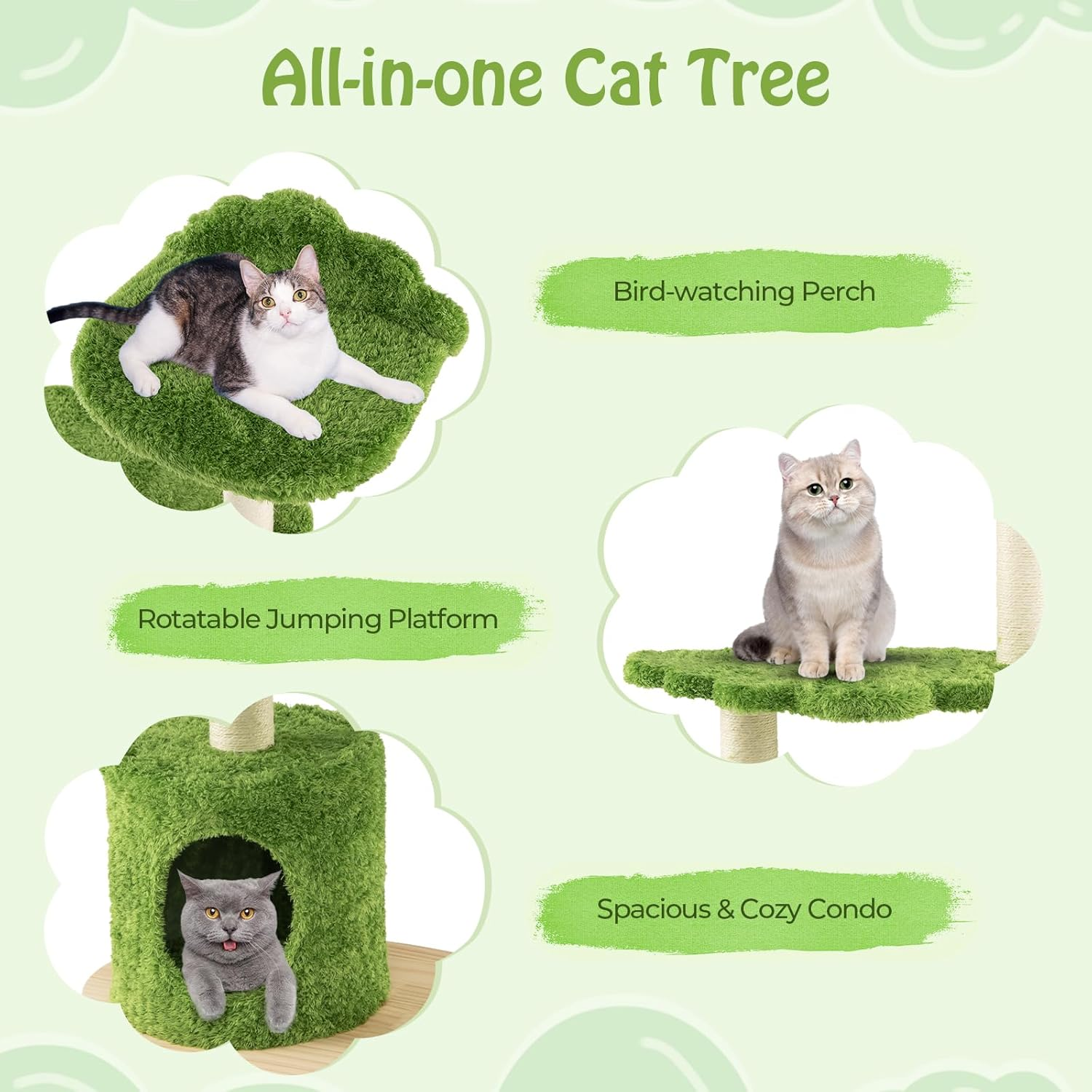 Wooden Cat Tree, 97CM Tall Cat Climbing Stand W/Sisal Scratching Posts, Cat Condo, Top Perch, Solid Wood Base, 3-Layer Cat Activity Center, Cat Tower Furniture for Indoor Kittens & Adult Cats image number 3