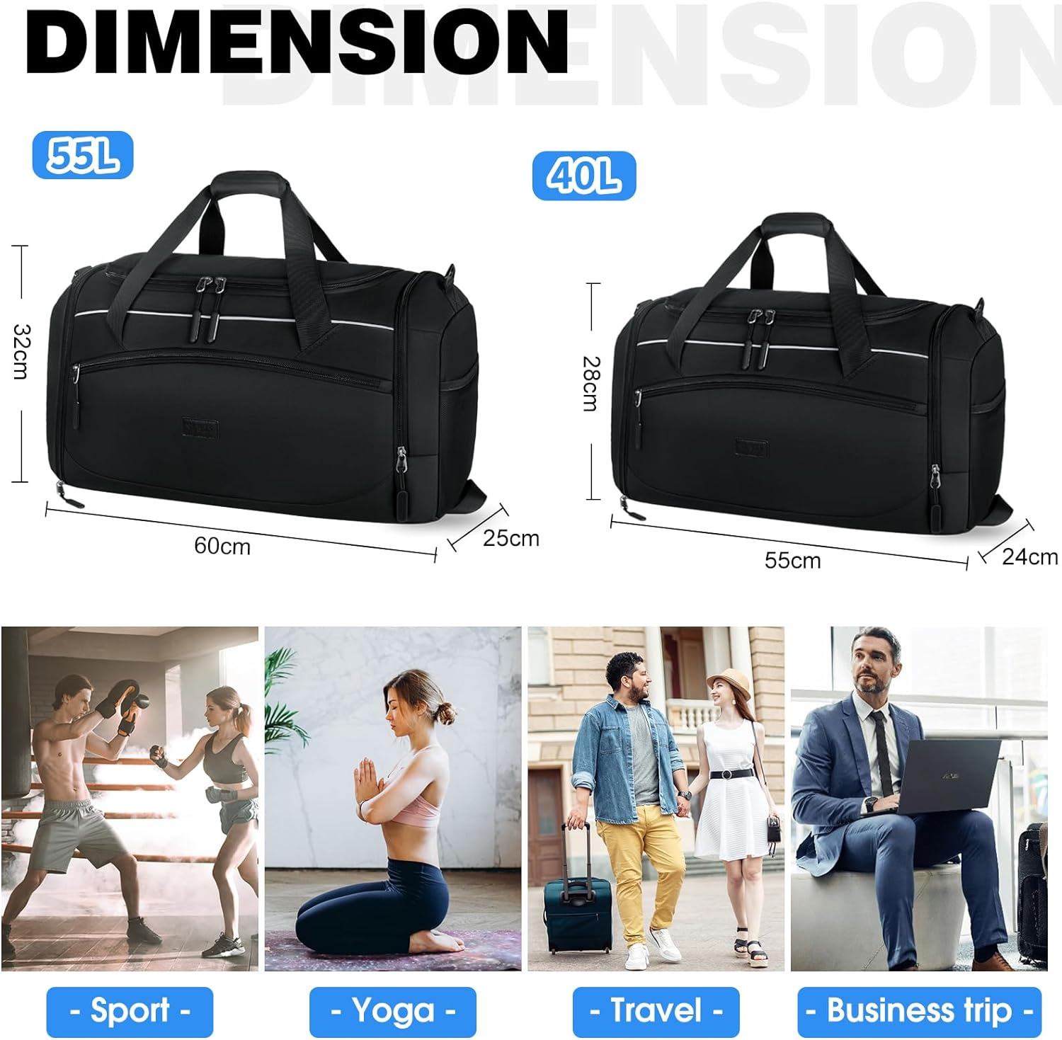 Gym Bag for Men and Women,40L Waterproof Large Sports Bag,Duffle Bag with Shoes Compartment and Wet Pocket,Weekender Overnight Bag,Travel Bag,Black image number 4