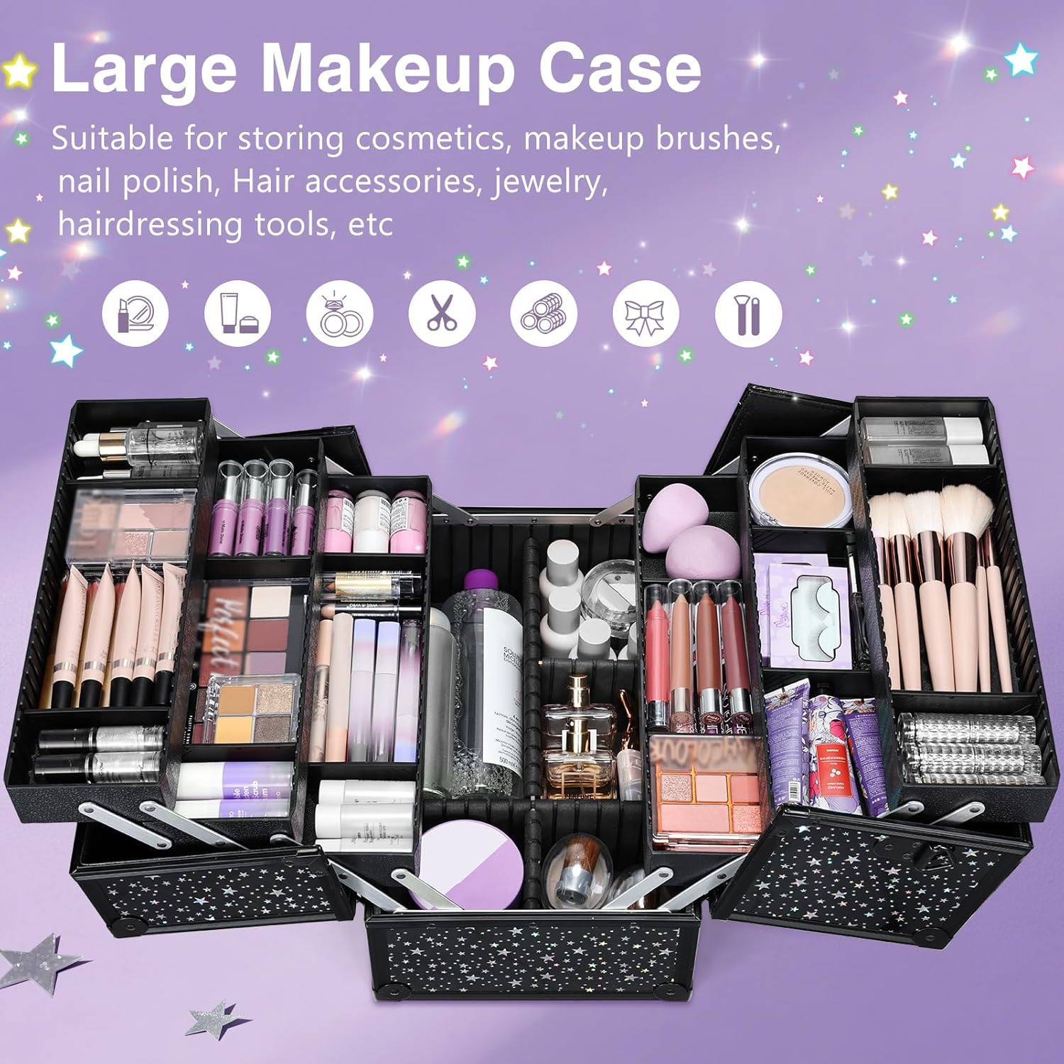 Joligrace Make up Organiser Nail Polish Jewellery Cosmetic Box Beauty Vanity Case Extra Large Space, Black Star, L image number 3