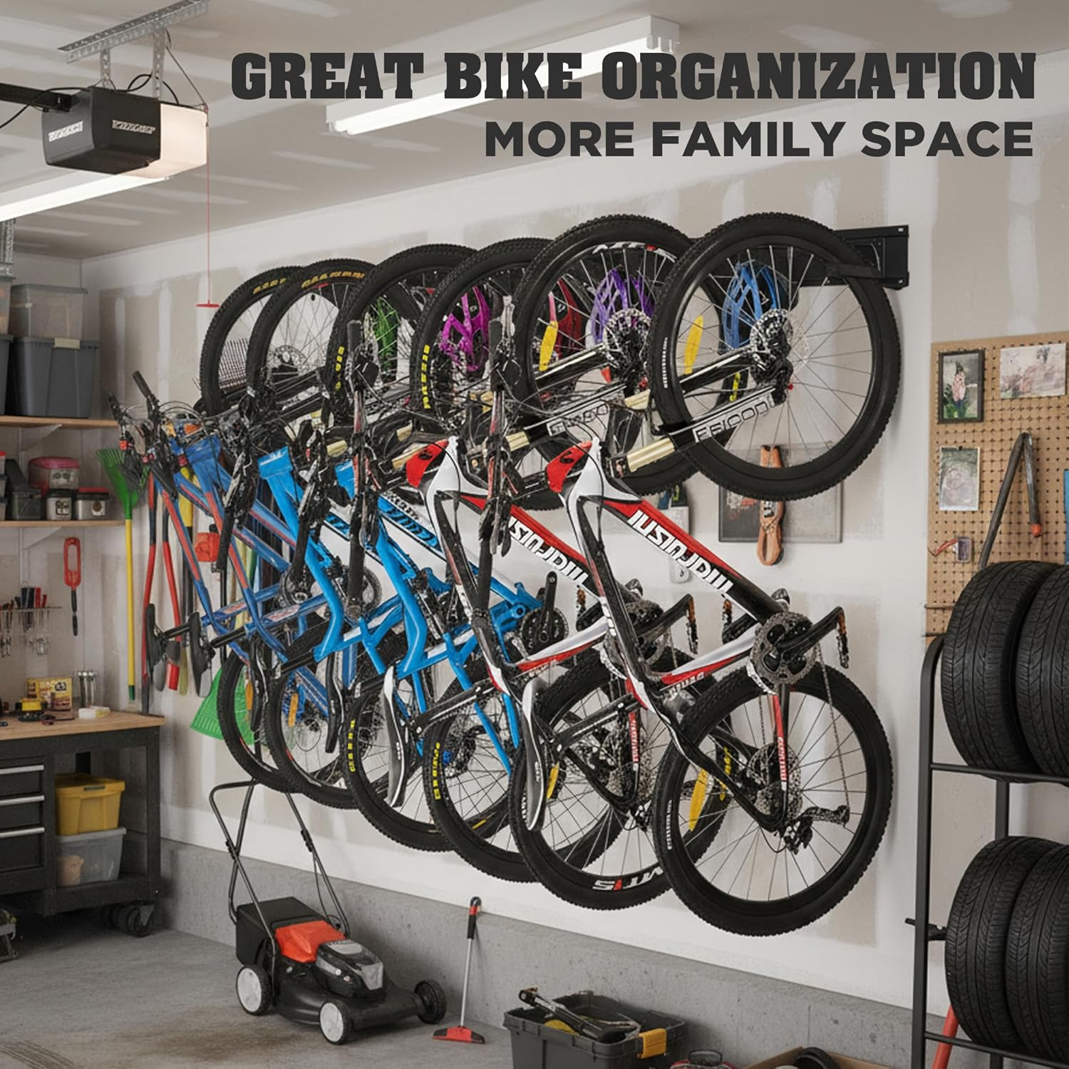 HORUSDY Bike Storage Rack, 6 Bike Racks and 6 Helmets Hooks, Wall Mounted Bike Storage Rack, Max Capacity 600Lbs image number 3