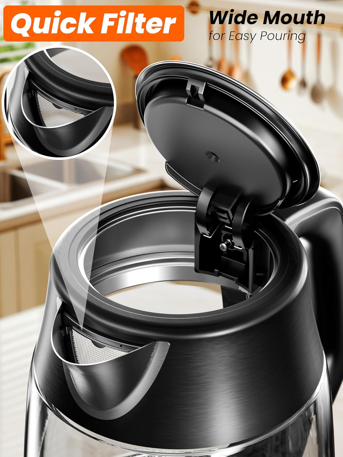 AUSELECT Electric Kettle - 1.7L Glass Kettle 2200W Stainless Steel Filter Spout, Quick Water Boiler Wiith Borosilicate Glass, Fast Boiling Water Kettles for Coffee & Tea, BPA Free, Automatic Shut Off image number 3