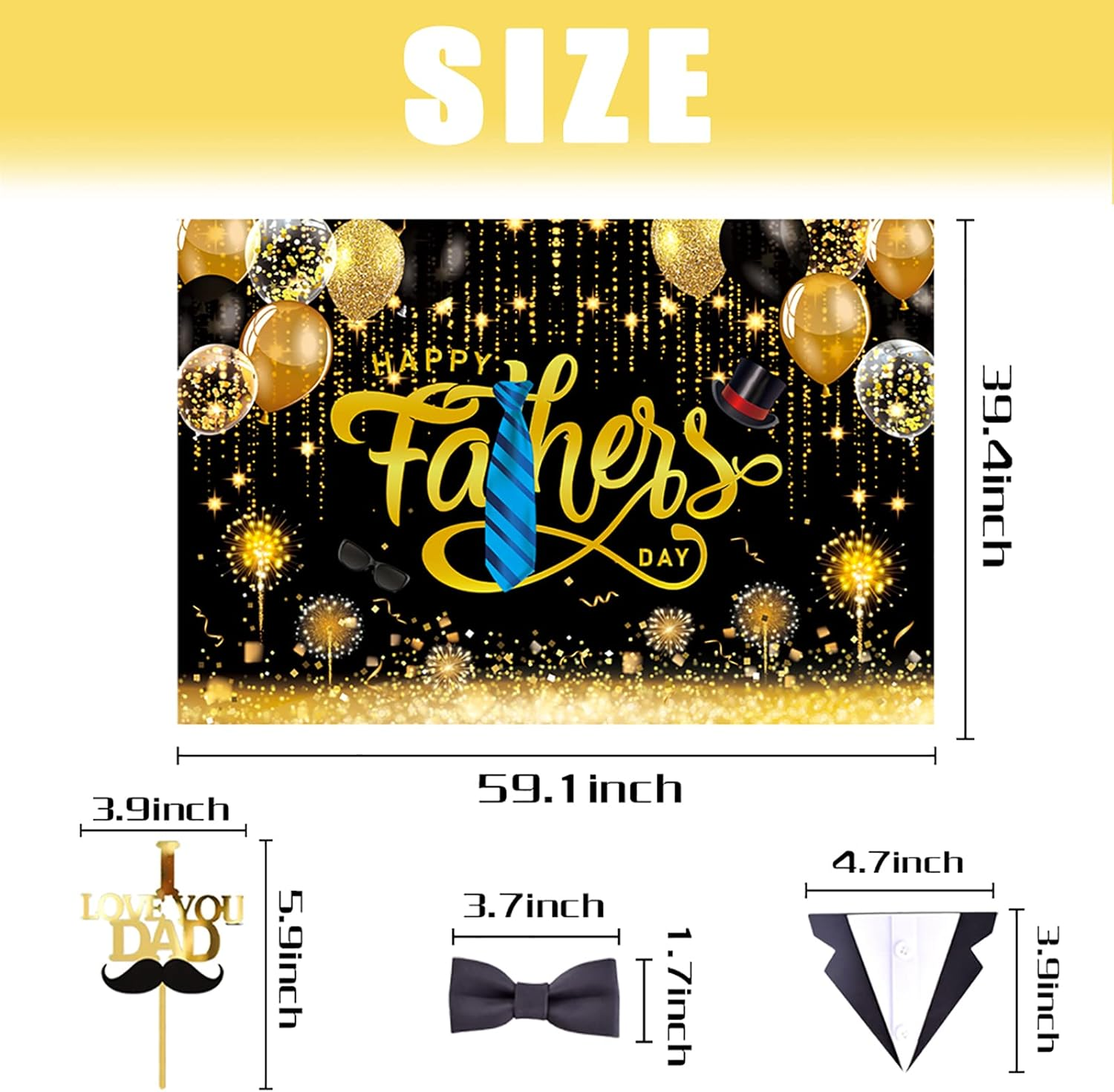 Fathers Day Decorations Kit, Black and Gold &ldquo;HAPPY FATHER'S DAY &rdquo;Banner，Cake Topper, Glitter Black Backdrop for Dad'S Party Decor image number 1