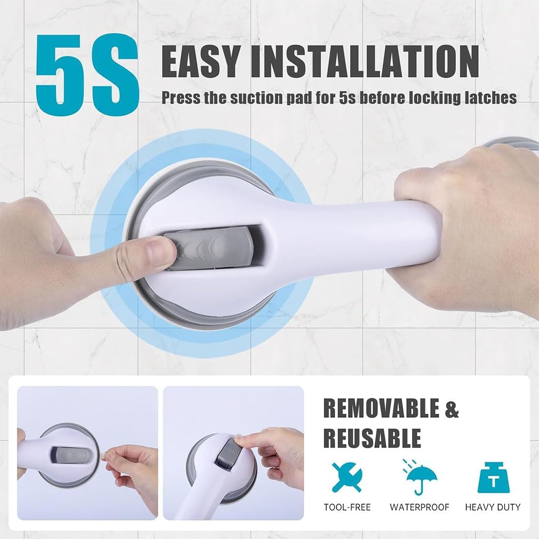 2 Pack Grab Bars for Bathtubs and Showers, 12Inch Heavy Duty Shower Handle Suction Shower Bar, Safety Removable Bars for Shower Chair, Bathroom Grab Bar for Senior，No Drilling Removable image number 6