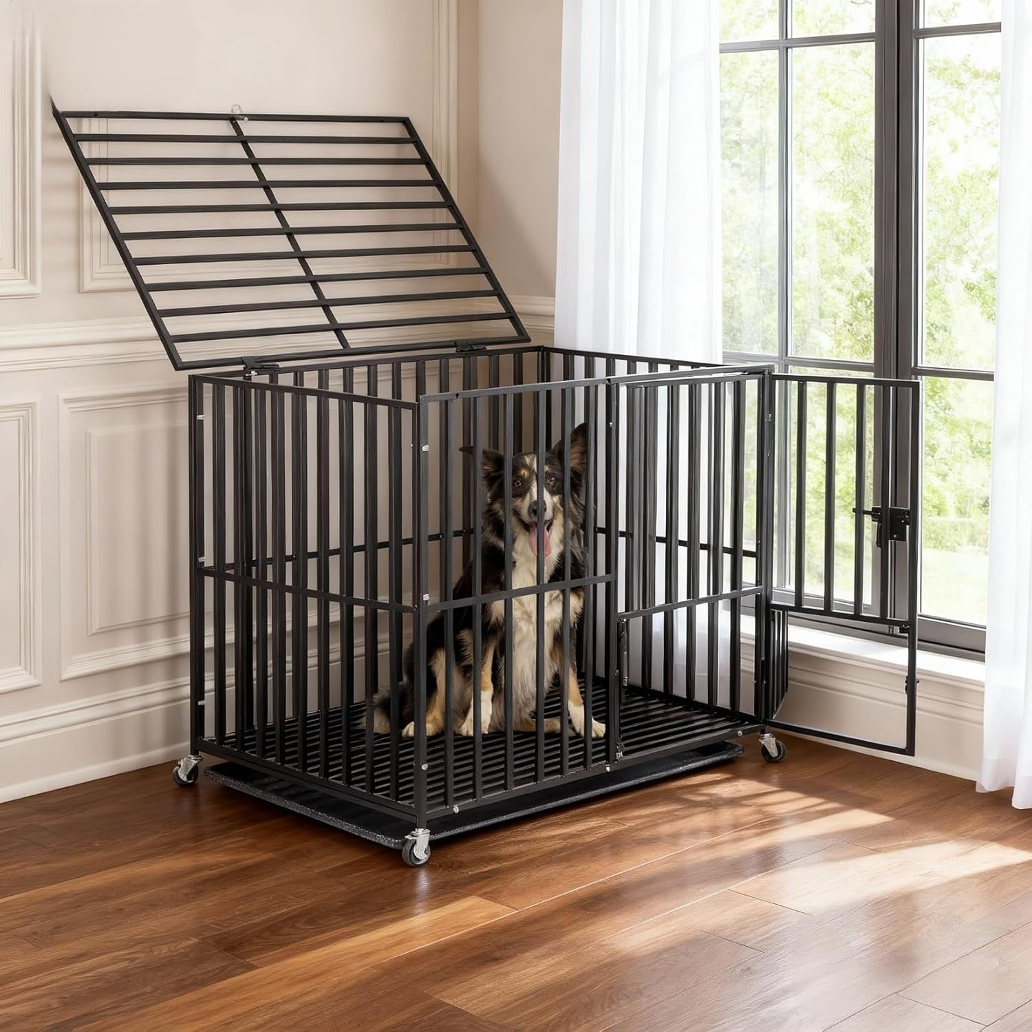 Bingopaw Heavy Duty Dog Crate: 42 Inch Extra Large Pet Cage on Wheels with Tear Resistant Square Tube - Metal Military Puppy Cages with 2 Prevent Escape Lock and Tray XL (107X78X86.5Cm) image number 2