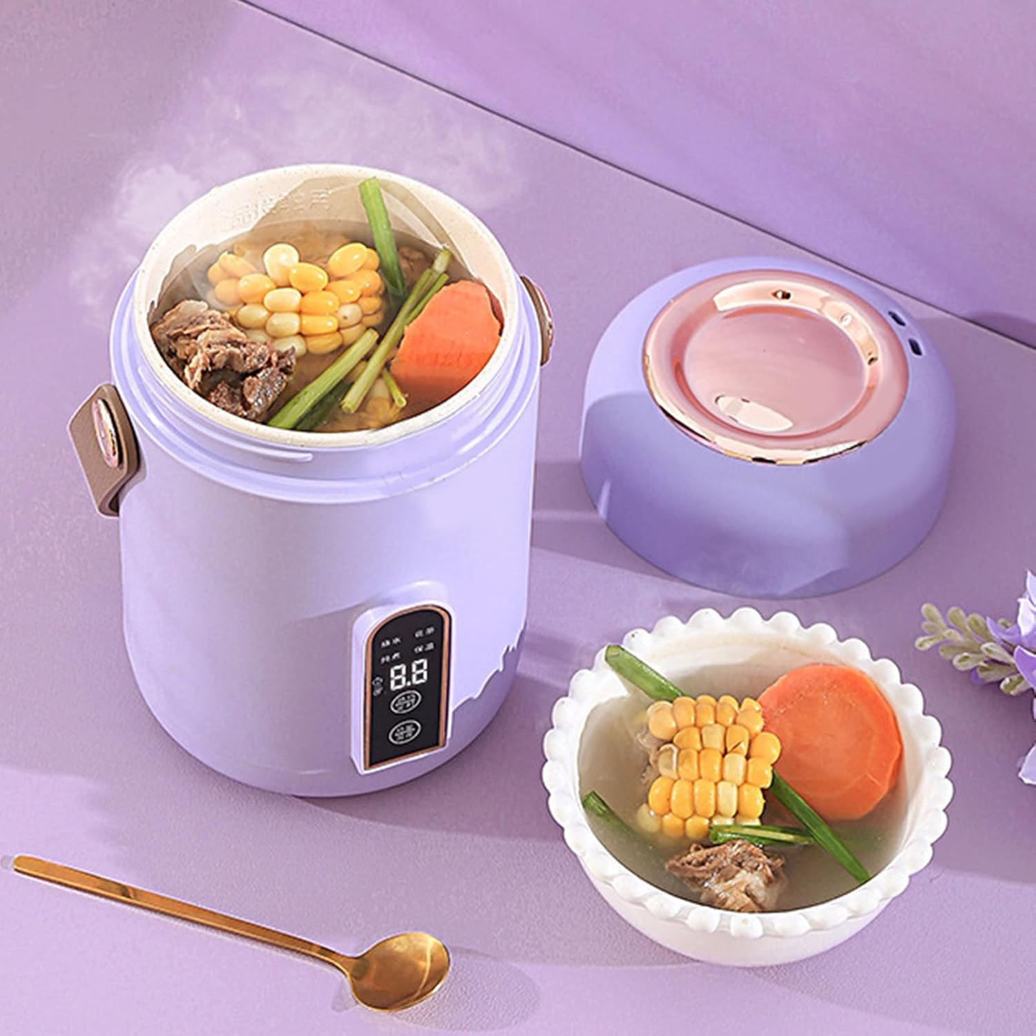Mini Rice Cooker, Efficient Heating Portable Insulated Safe Multifunction Easy to Use Electric Stewpot for Home for Office (Purple) - Beige image number 3