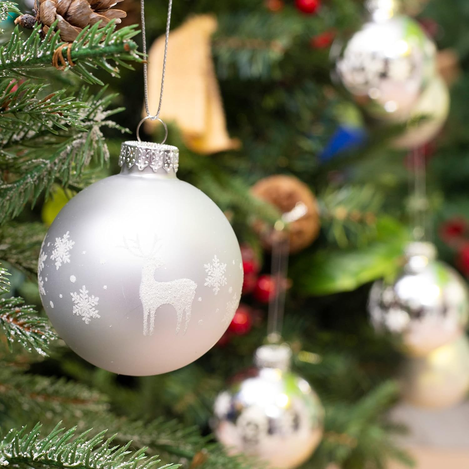 Amooca Christmas Colorful Glass Balls Decoration Festival Party Home Decors Holiday Xmas Tree Hanging Ornaments Set 9Pc 2.65In Silver Snowman & Reindeer Printing