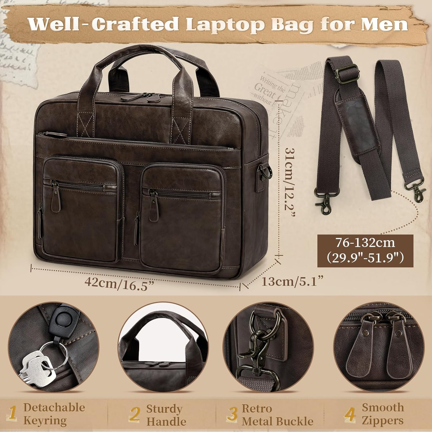 Lubardy Messenger Bag Men Vintage PU Leather Laptop Bag 15.6 Inch Briefcases for Men Work Computer Bag Waterproof Briefcase - Brown image number 7
