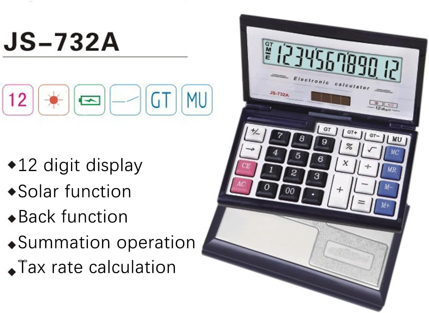 Maizoon Solar Dual Power Calculator with 12-Digit Display Large Screen Folding Flip Cover Big Button Portable Computing Tool for Finance Business Office and School image number 6