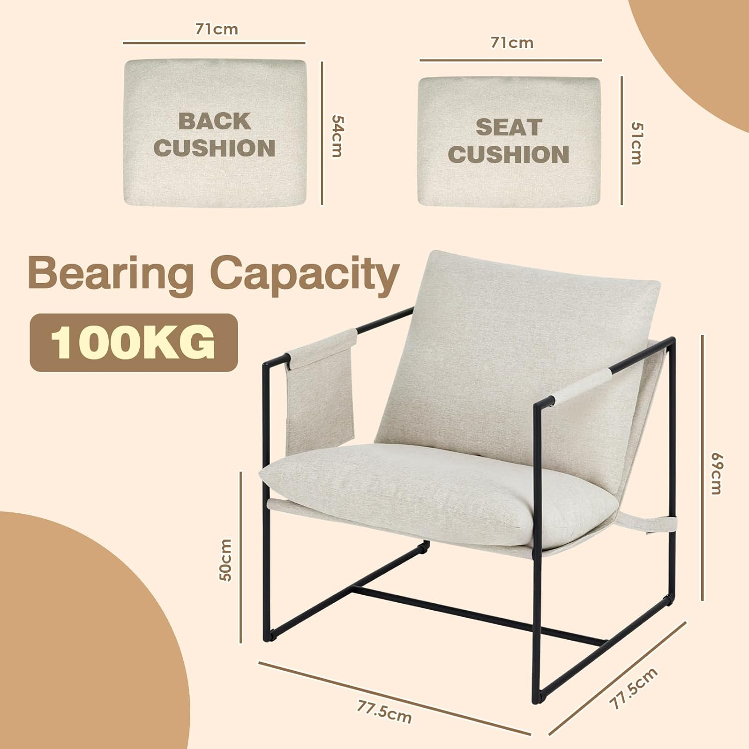Advwin Sling Accent Chair, Linen Lounge Chair Armchair with 2 Upholstered Cushions, Modern Comfy Living Room Chair with Metal Frame and Side Pocket Beige - Beige image number 2