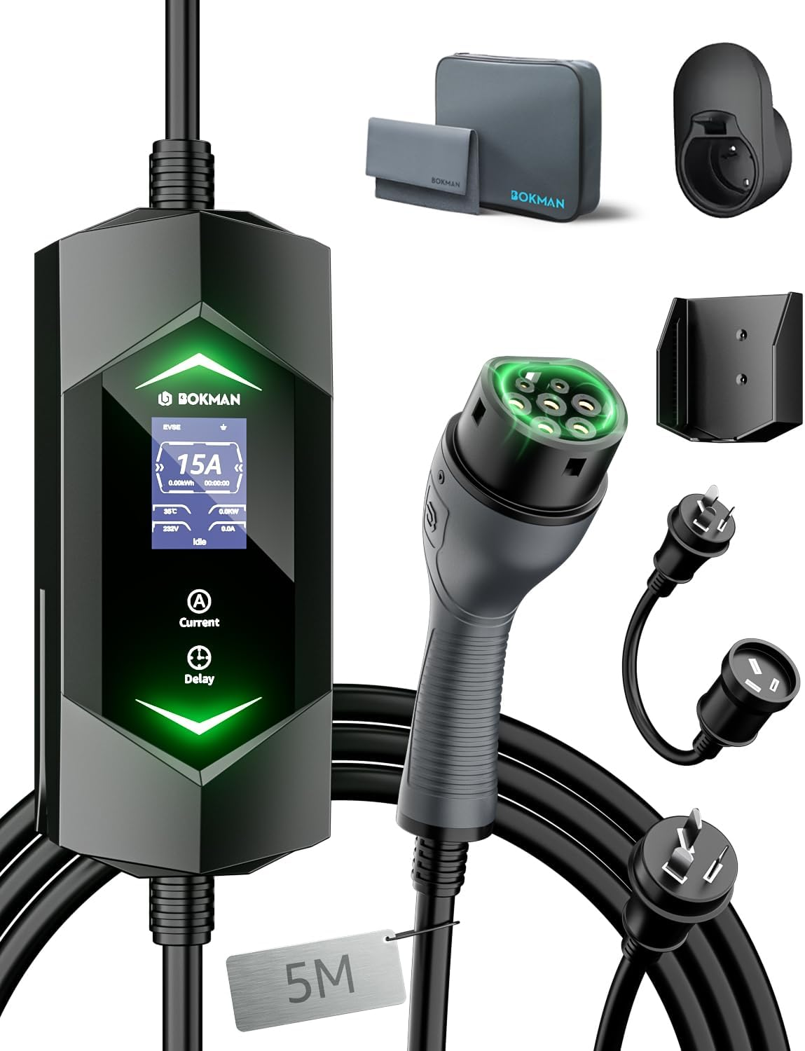 Bokman Type 2 EV Charger, Mode 2 | 10A/15A Adapter | 6A-15A Adjustable Current | 5 Meter, Electric Vehicle Car Type 2 Charging Cable image number 1