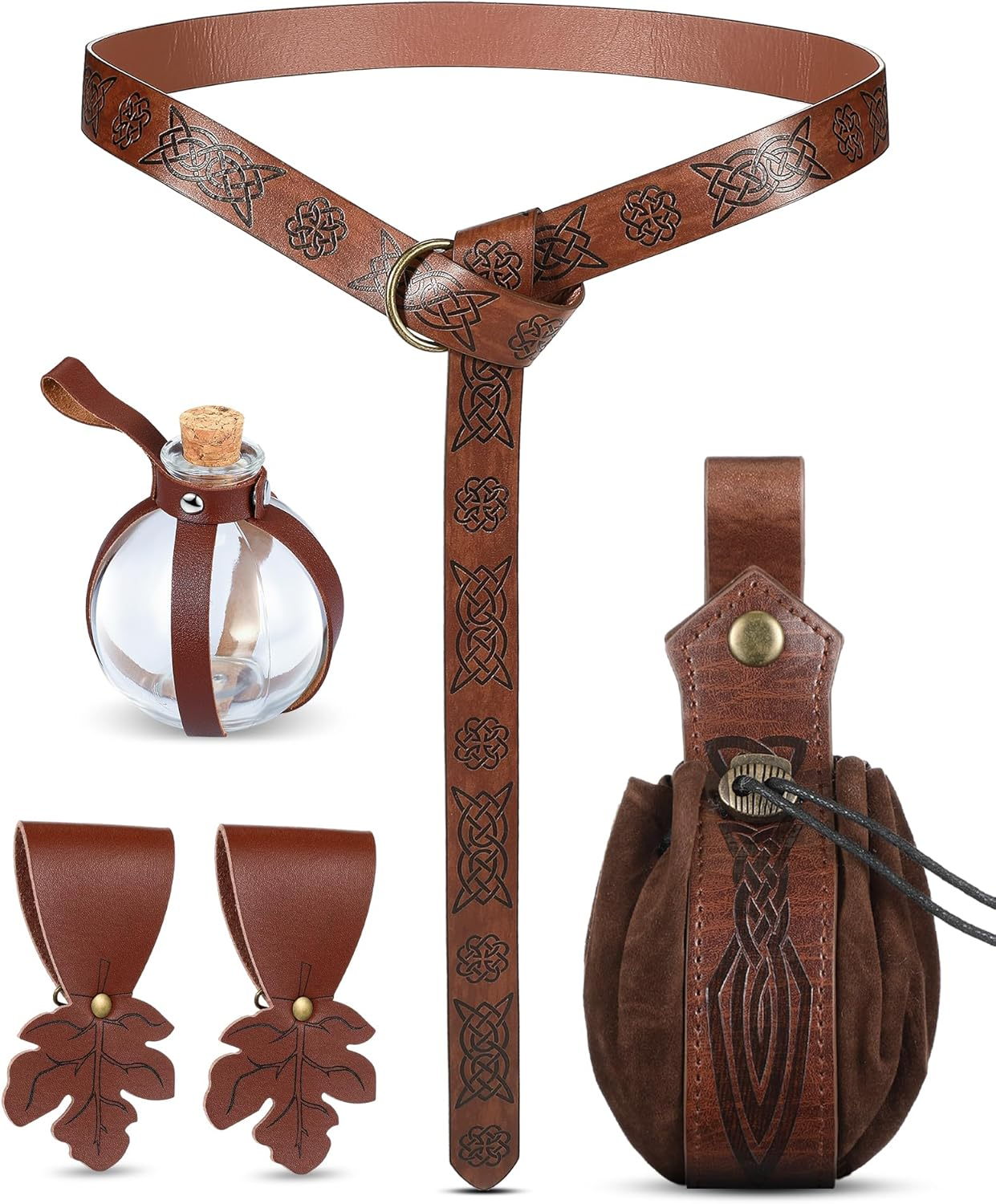 Sweetude 6 Pcs Renaissance Belt Halloween Medieval Viking Belt Potion Bottles Faux Leather Belt Pouch Skirt Hikes Mug Holder image number 3