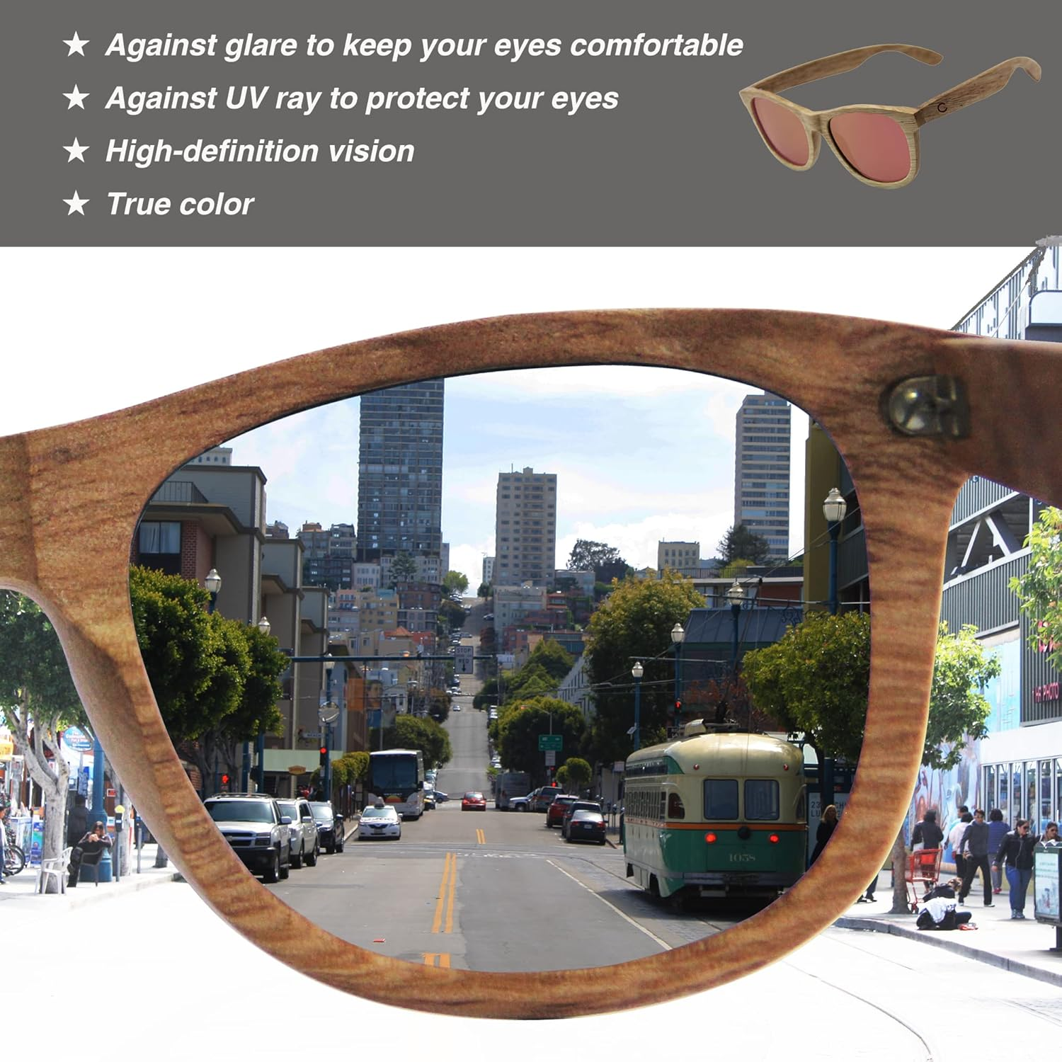 C3 Handmade Natural Wood Polarized Lens Sunglasses for Men and Women for Traveling Driving and Gift image number 3