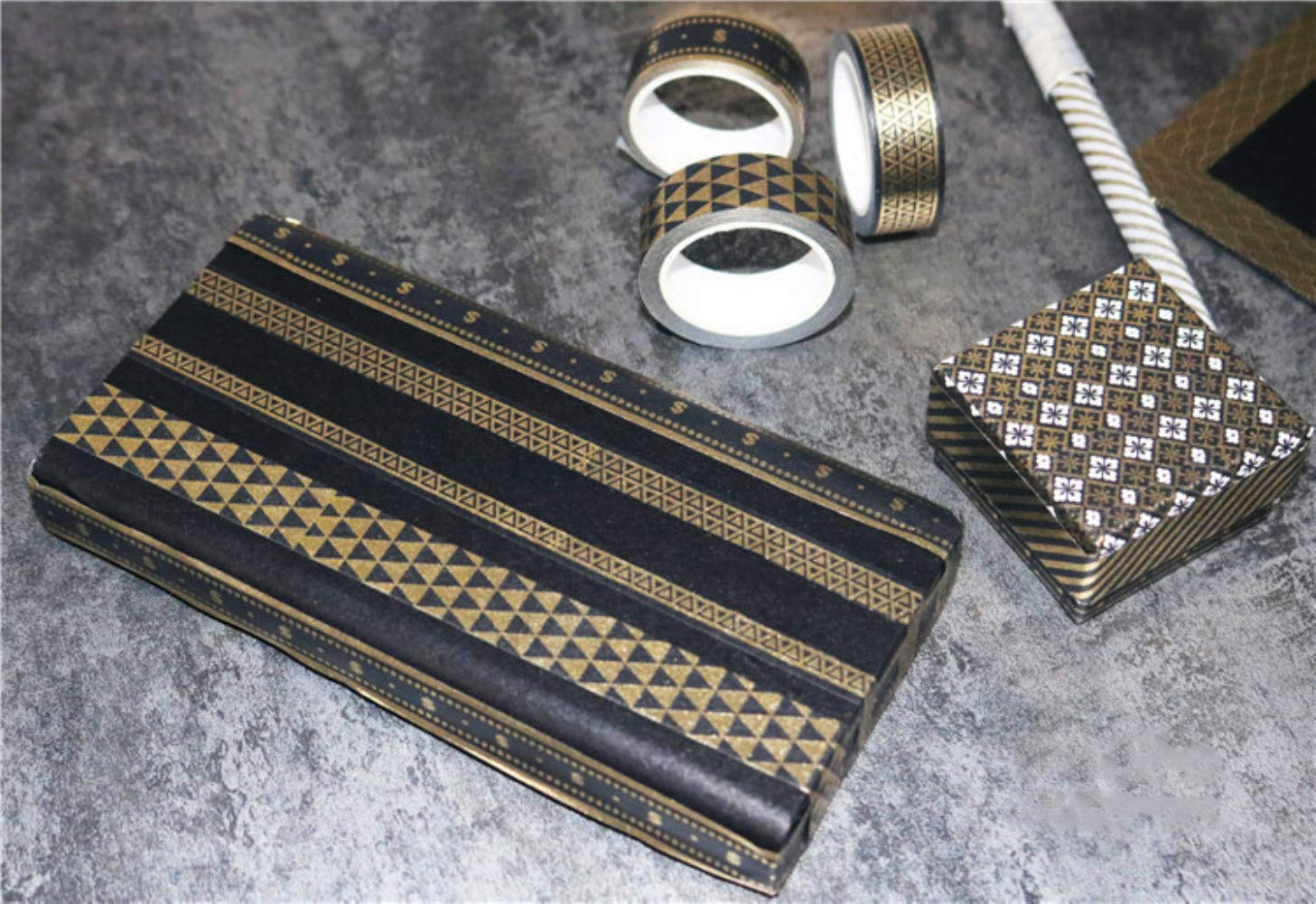 Washi Tape Set Black Gold Foil Print Decorative Masking Tape for Arts and DIY Crafts, Scrapbooking, Bullet Journal, Planner, Gift Wrapping, Holiday Decoration (9 Rolls/Unit) - Black image number 4